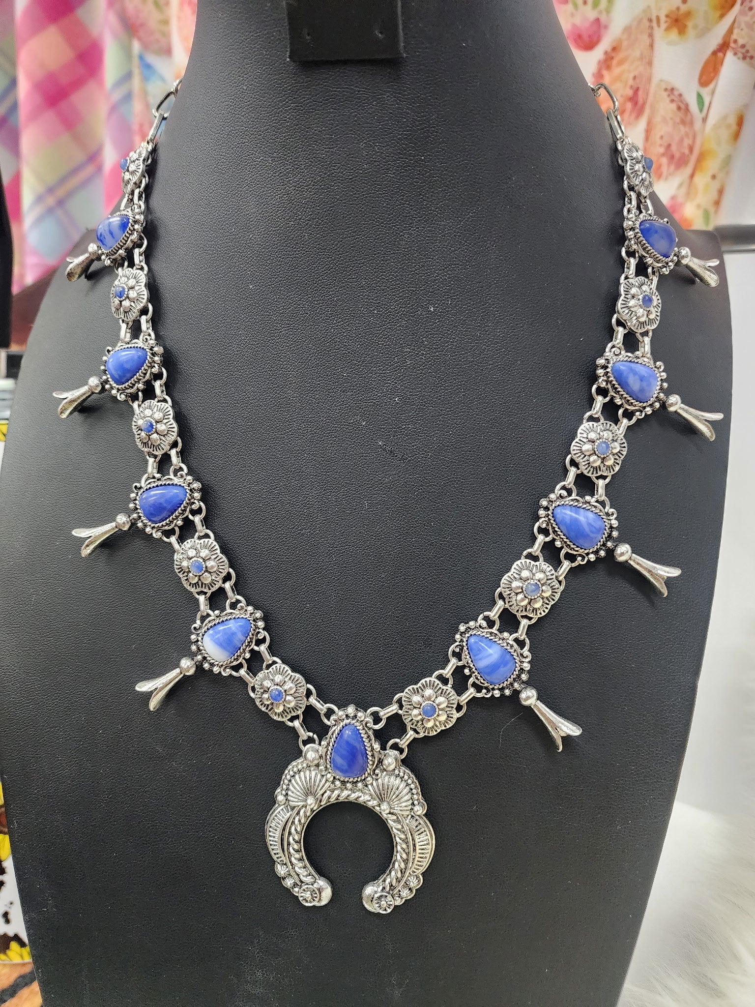 Navy Concho Stamped Squash Blossom Necklace