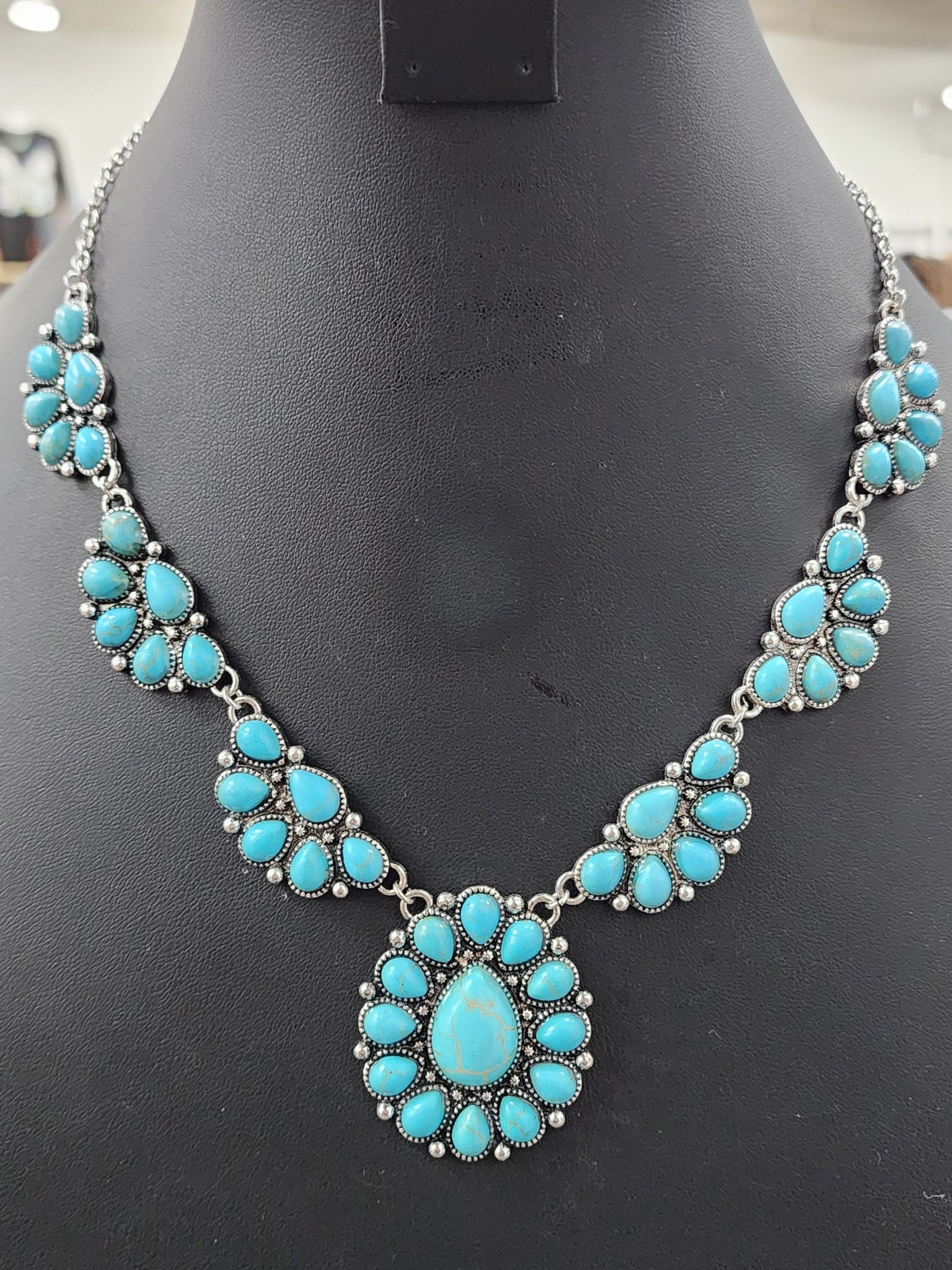 Turquoise Half Cluster Necklace and Earrings Set
