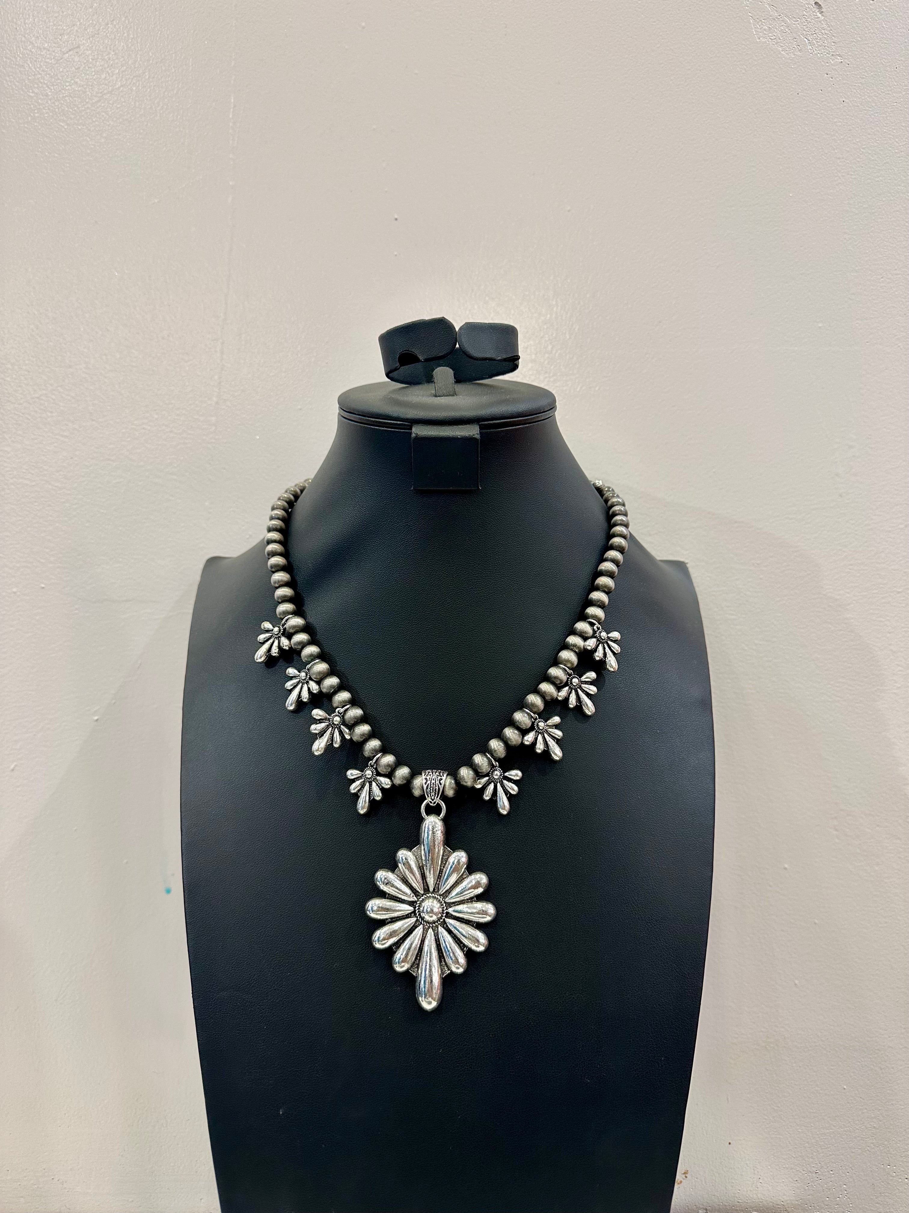 Silver Stamped Floral Blossom and Earrings Set