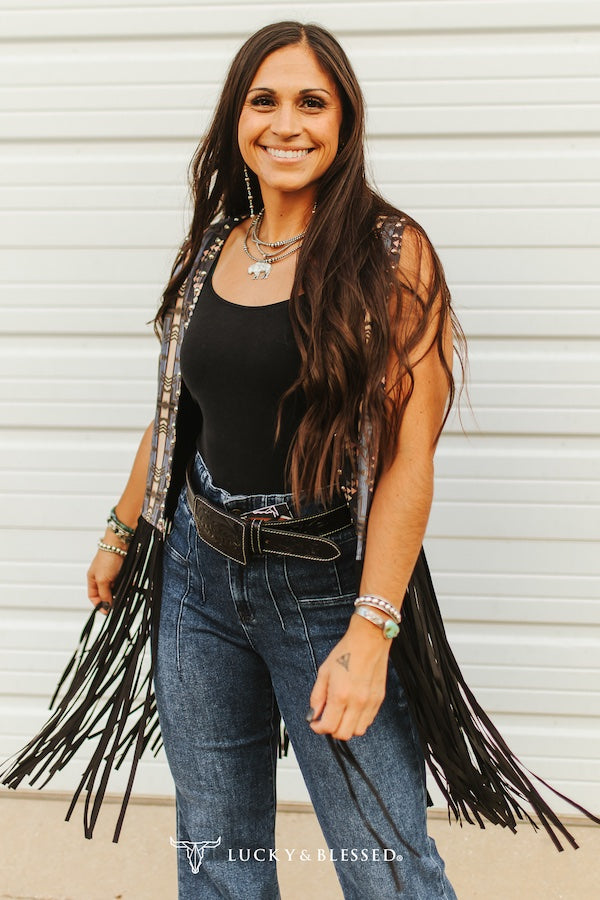 Black Aztec Fringe Vest