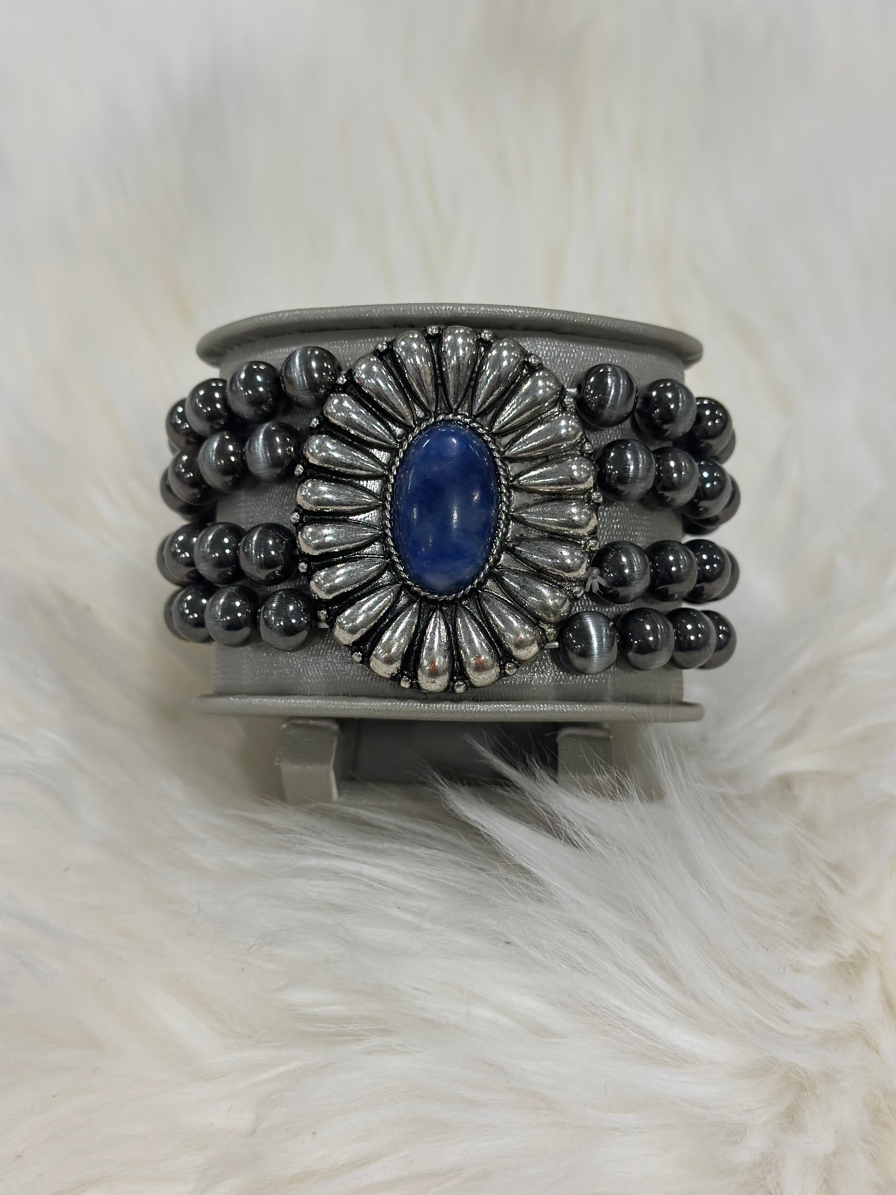 Navy Stamped Pearl Stretch Bracelet