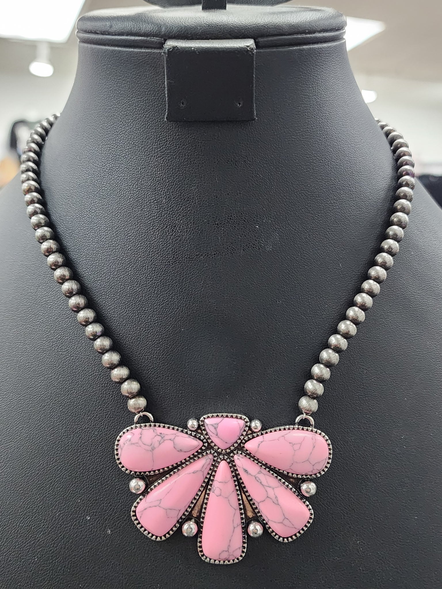 Pink Half Cluster Pendant Necklace and Earrings Set