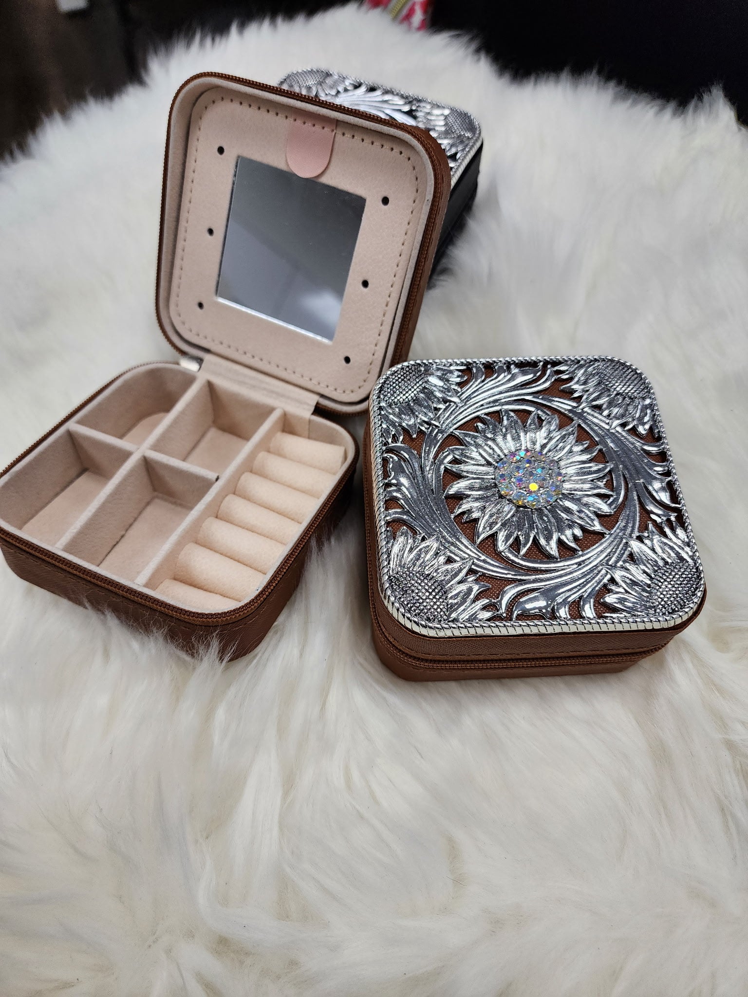 Brown Rhinestone Sunflower Jewelry Box