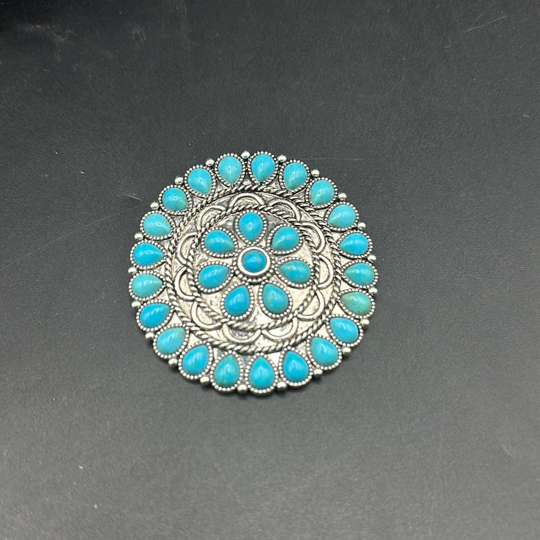 Large Round Floral Turquoise Inspired Brooch Pin