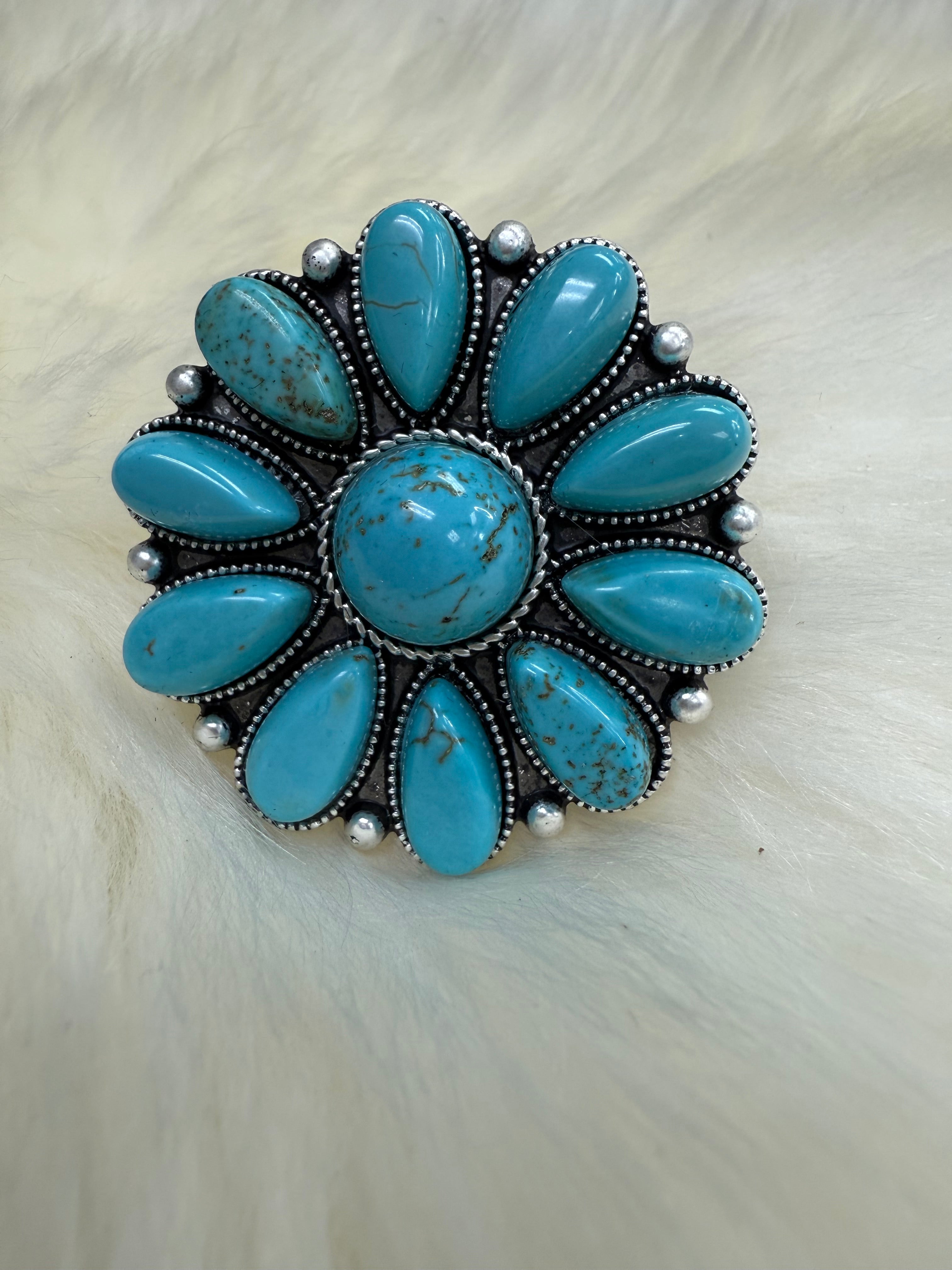 Turquoise Floral Cluster Cuff Ring