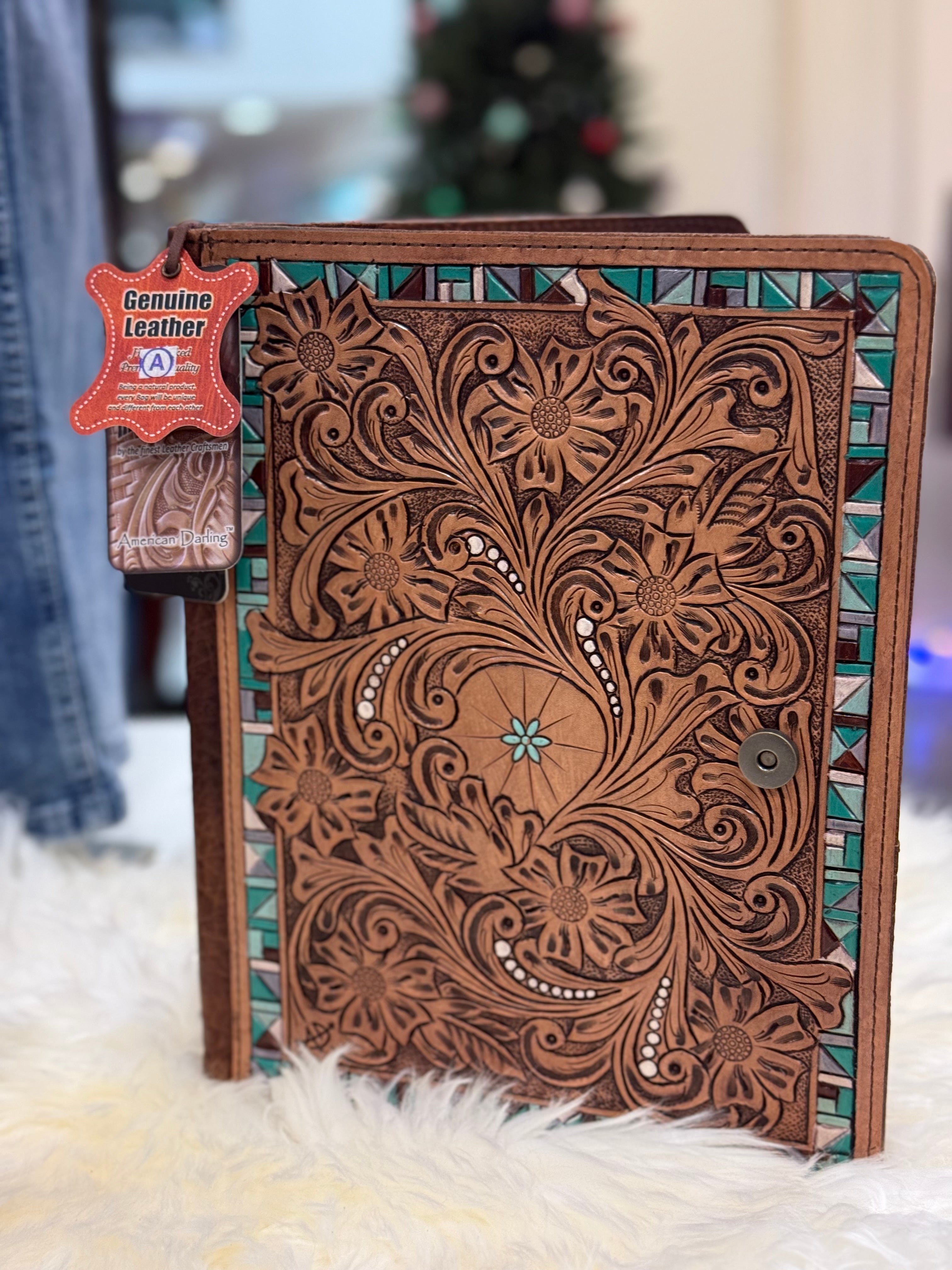 Hand Tooled Turquoise Floral Portfolio