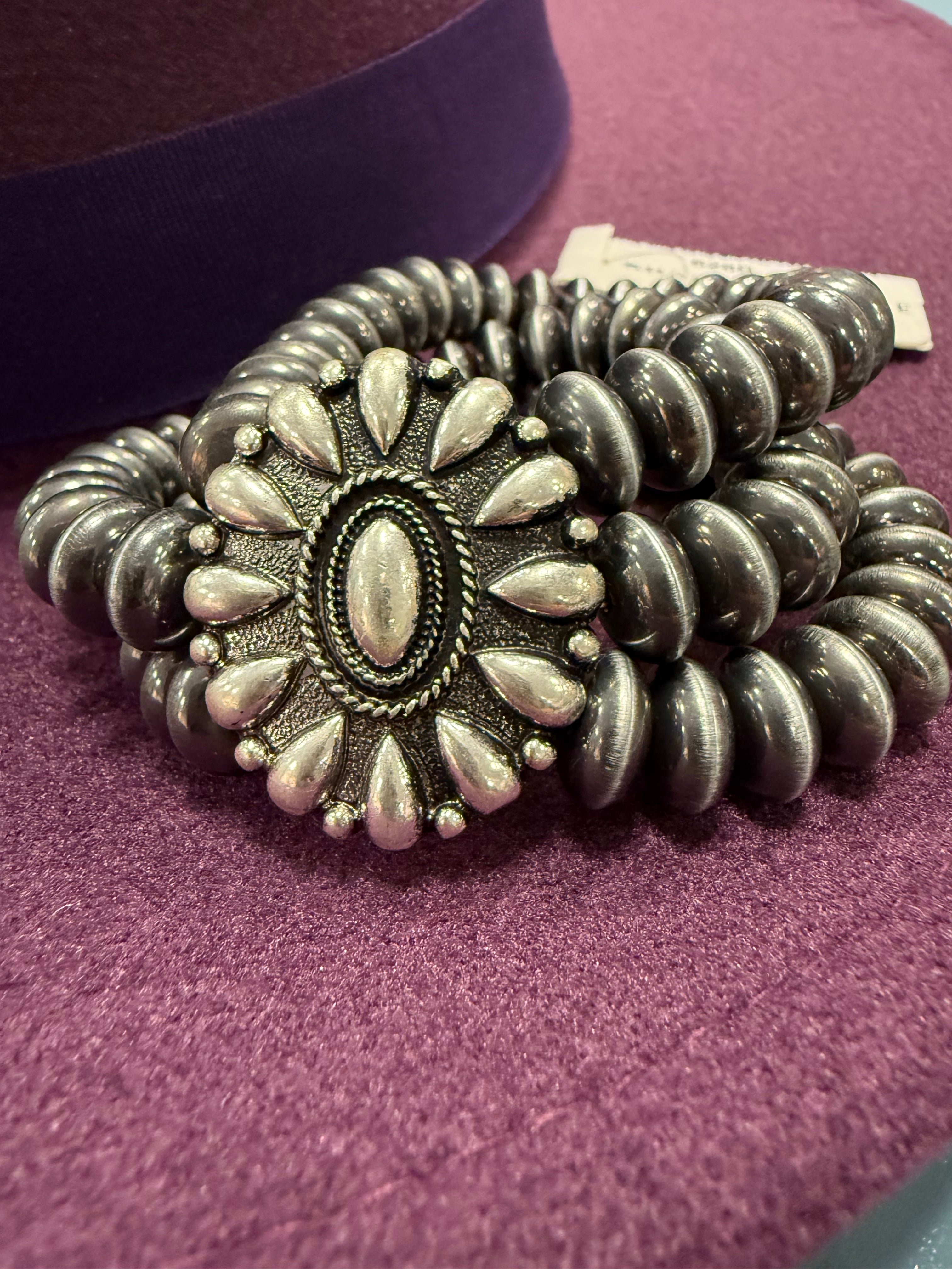 Silver Stamped Cluster Stretch Bracelet