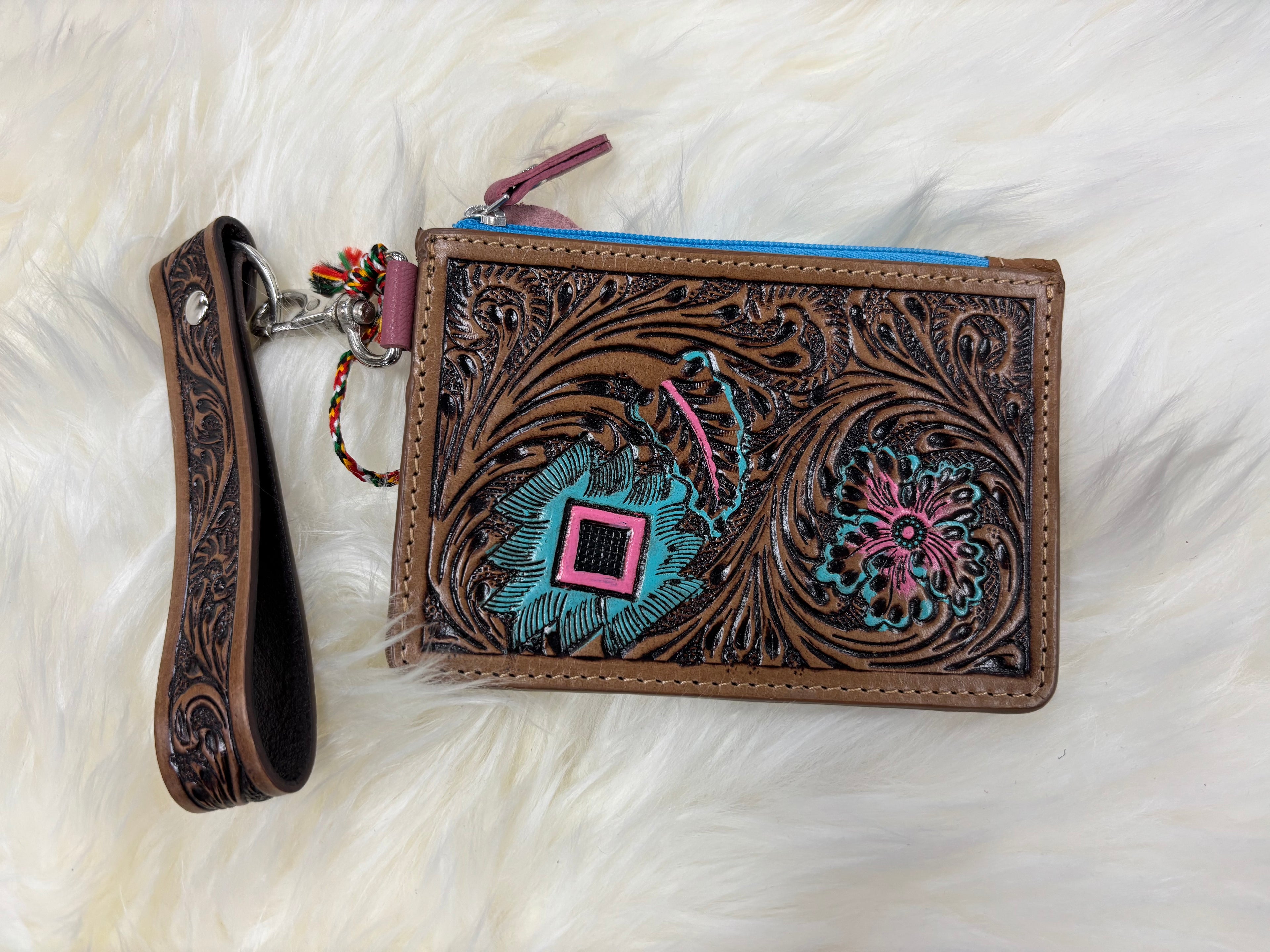 Brown Aztec Tooled Wristlet Card Wallet
