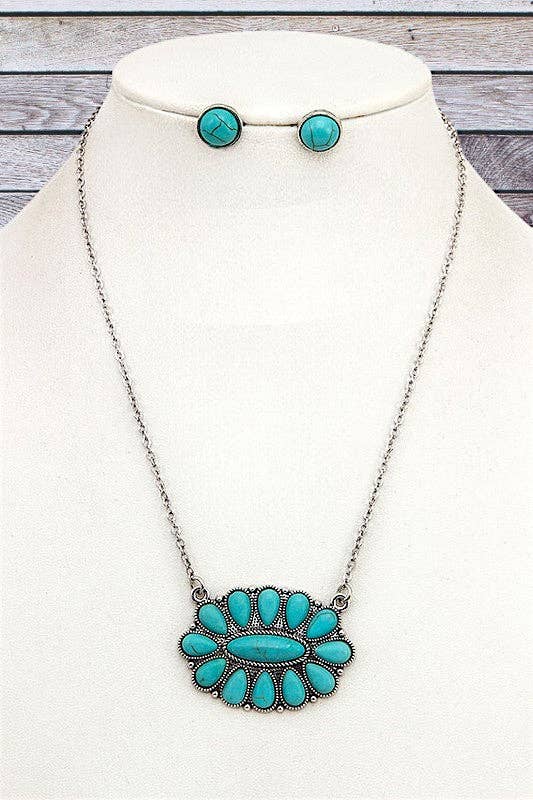 Turquoise Cluster Pendant Necklace and Earrings Set