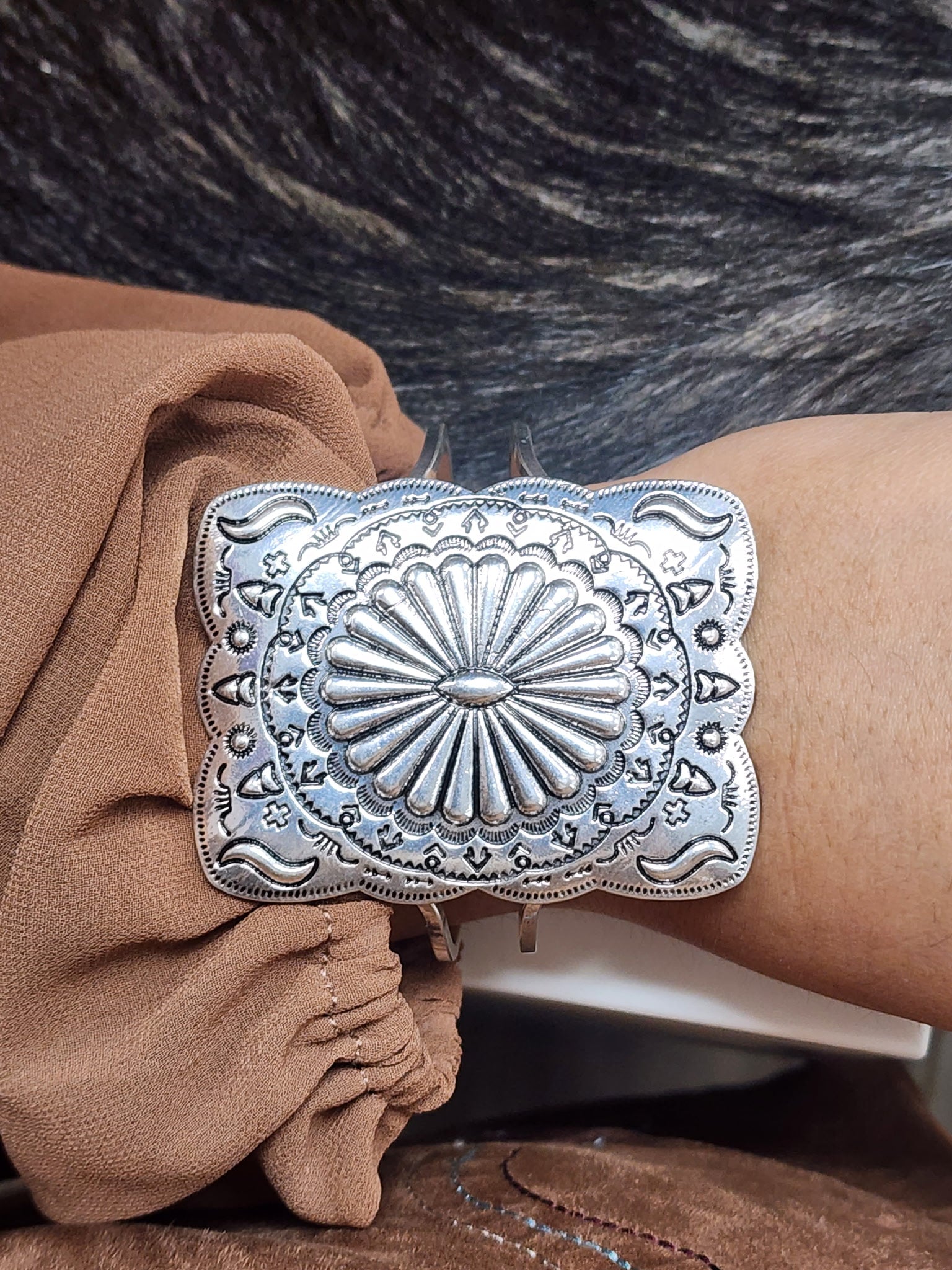 Silver Concho Stamped Hinge Bracelet