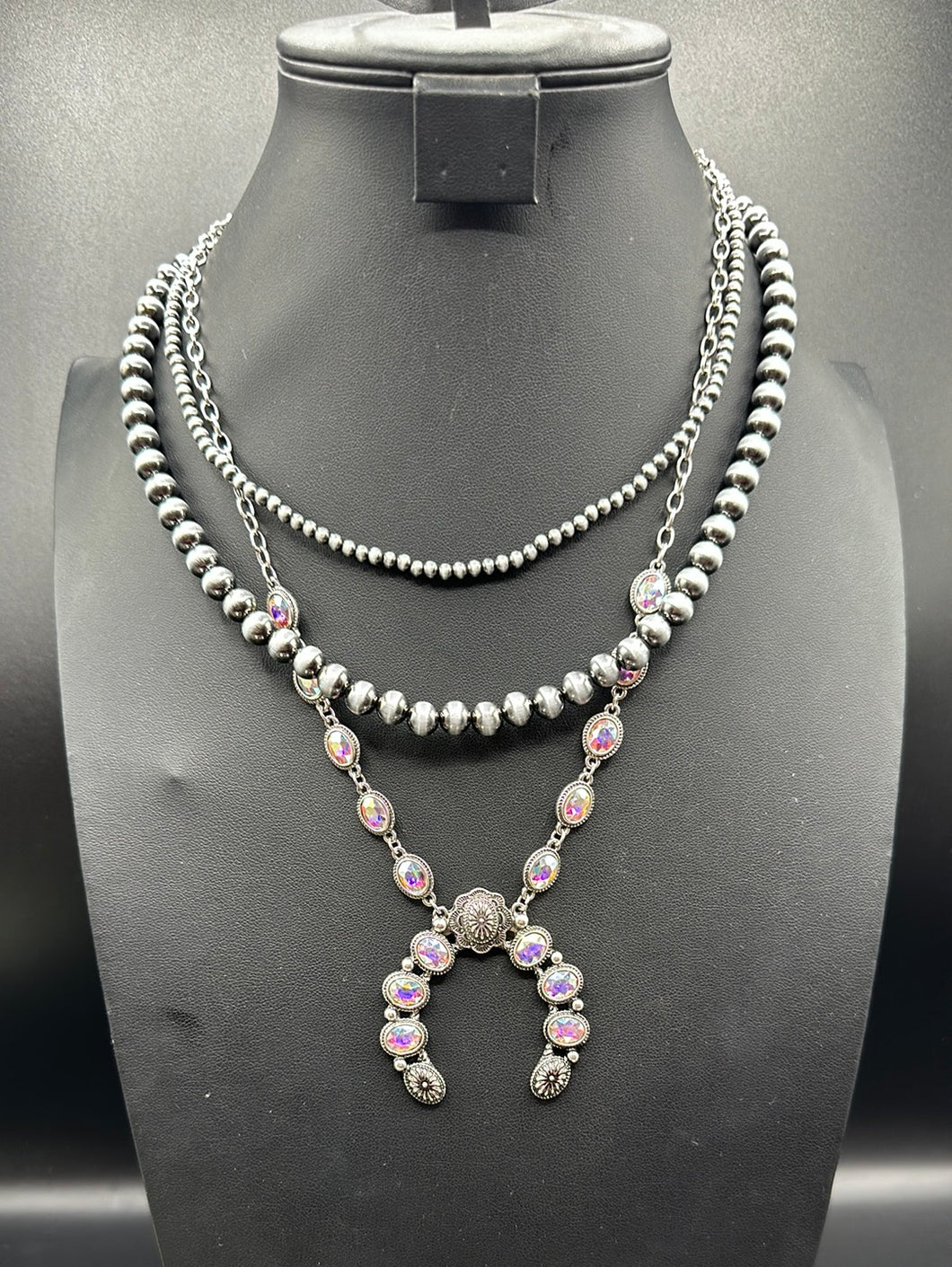 Crystal Pearl Layered Squash Blossom Necklace