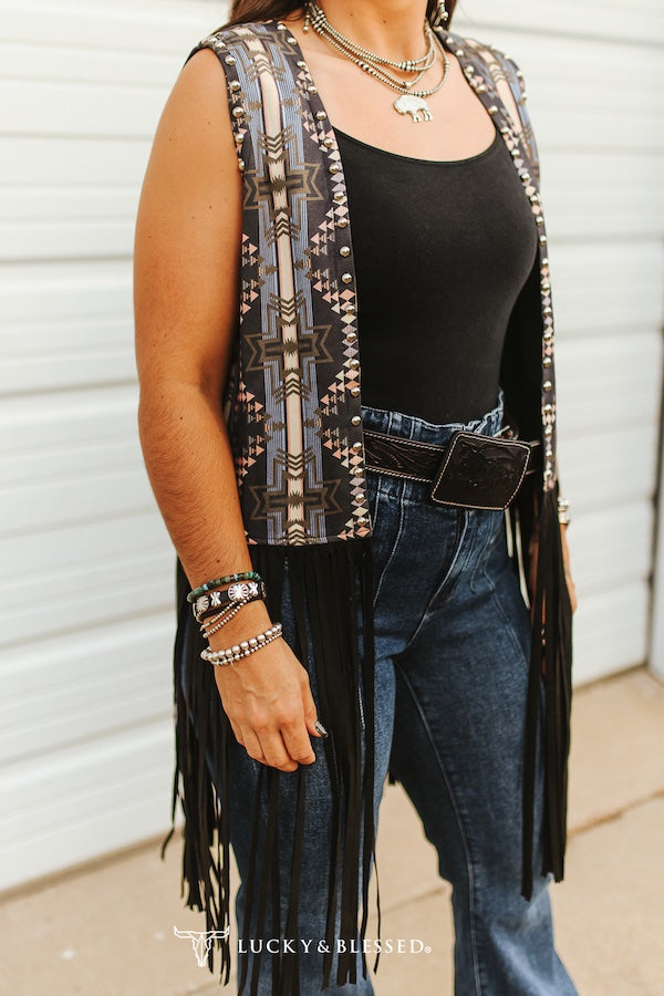 Black Aztec Fringe Vest