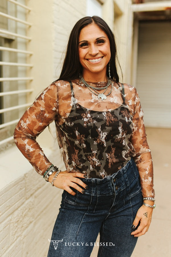 Cow Print Long Sleeve Mesh Top