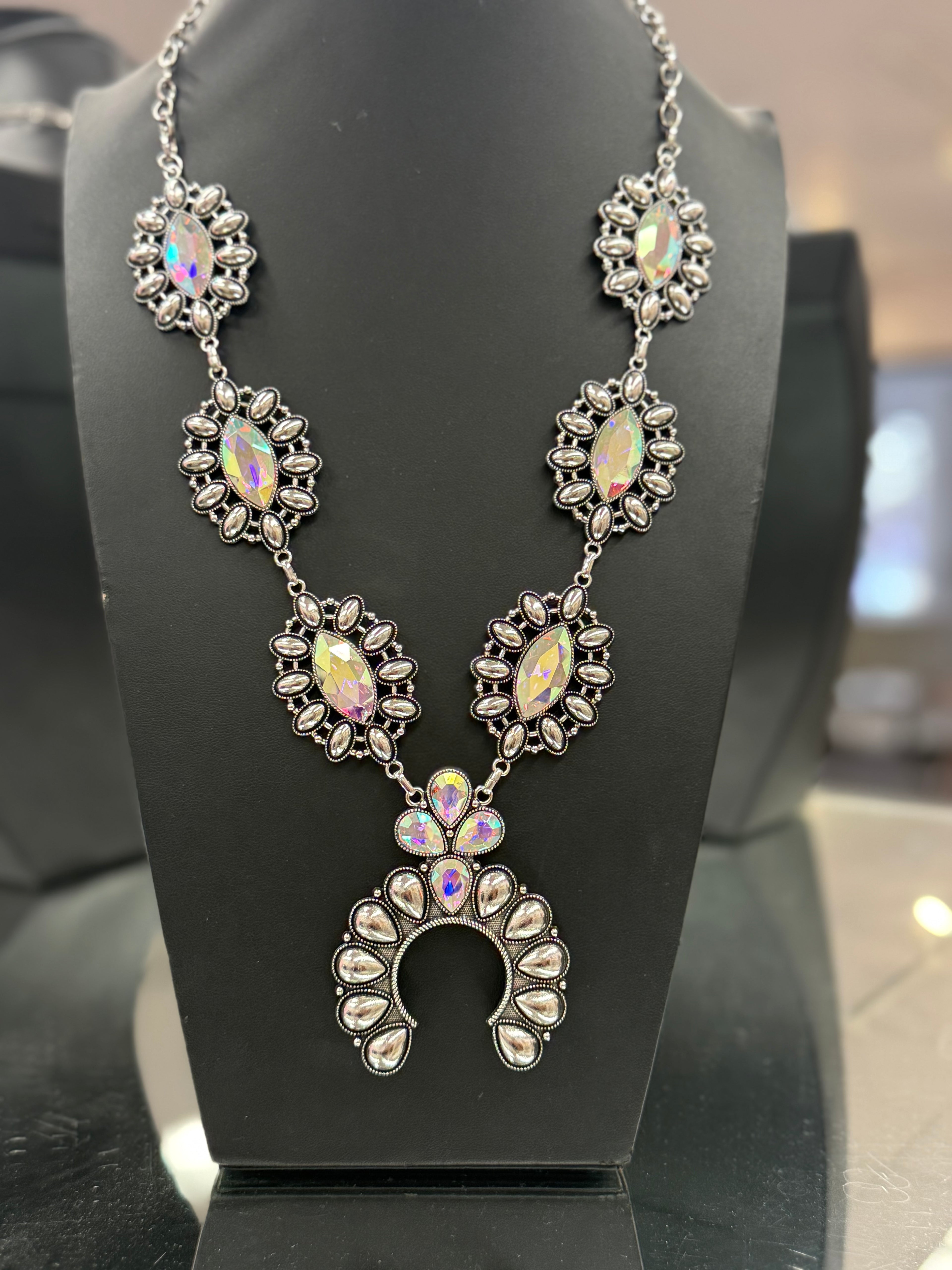Silver Stamped Crystal Squash Necklace and Earrings Set