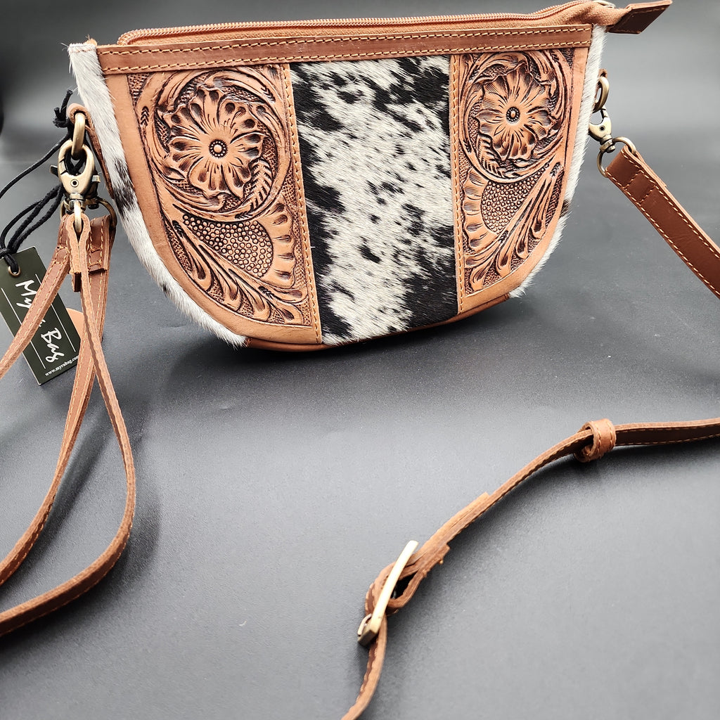 Salt & Pepper Leather Hand Tooled Crossbody Purse