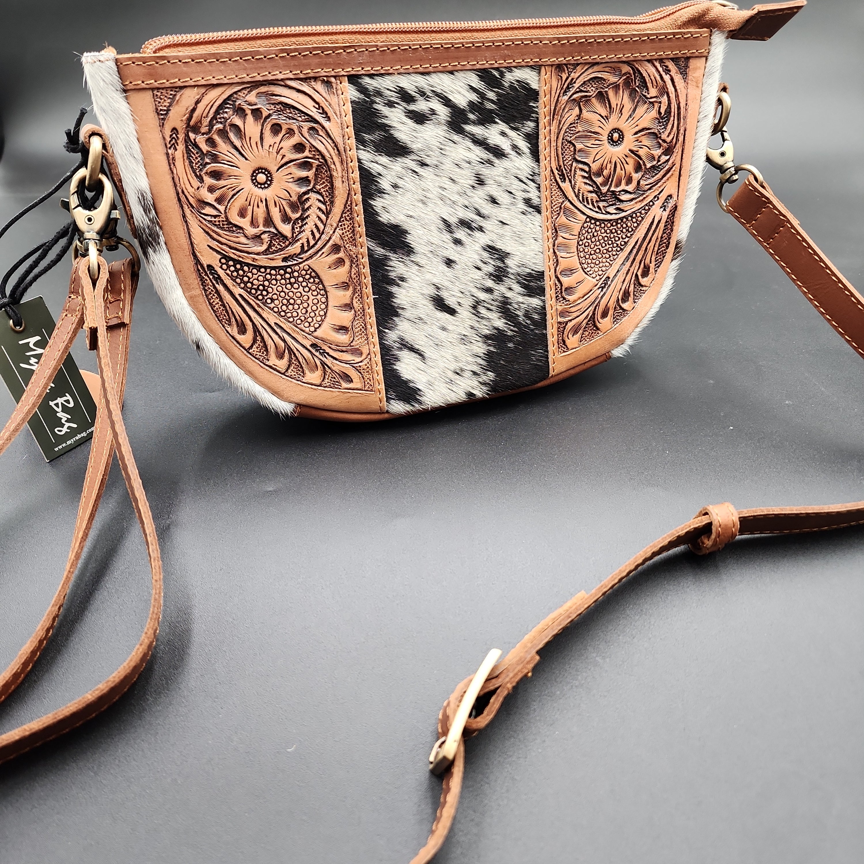 Salt & Pepper Leather Hand Tooled Crossbody Purse