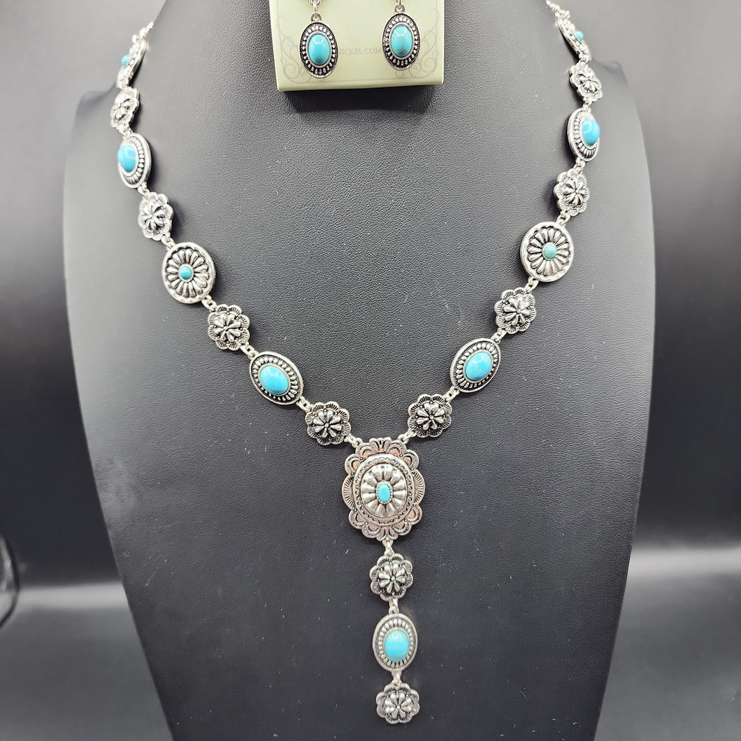 Turquoise Inspired Concho Y Necklace and Earrings Set