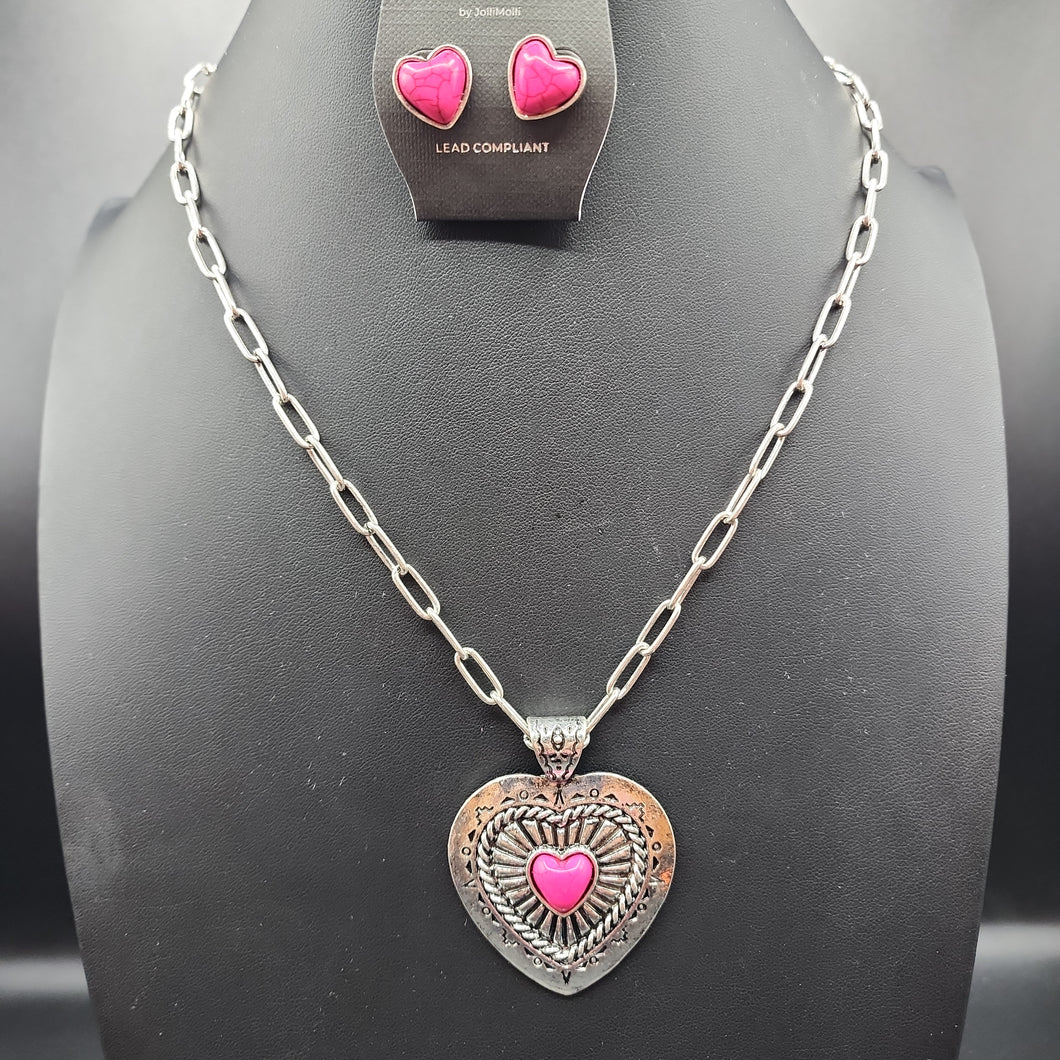 Pink Heart Pendant Necklace and Earrings Set