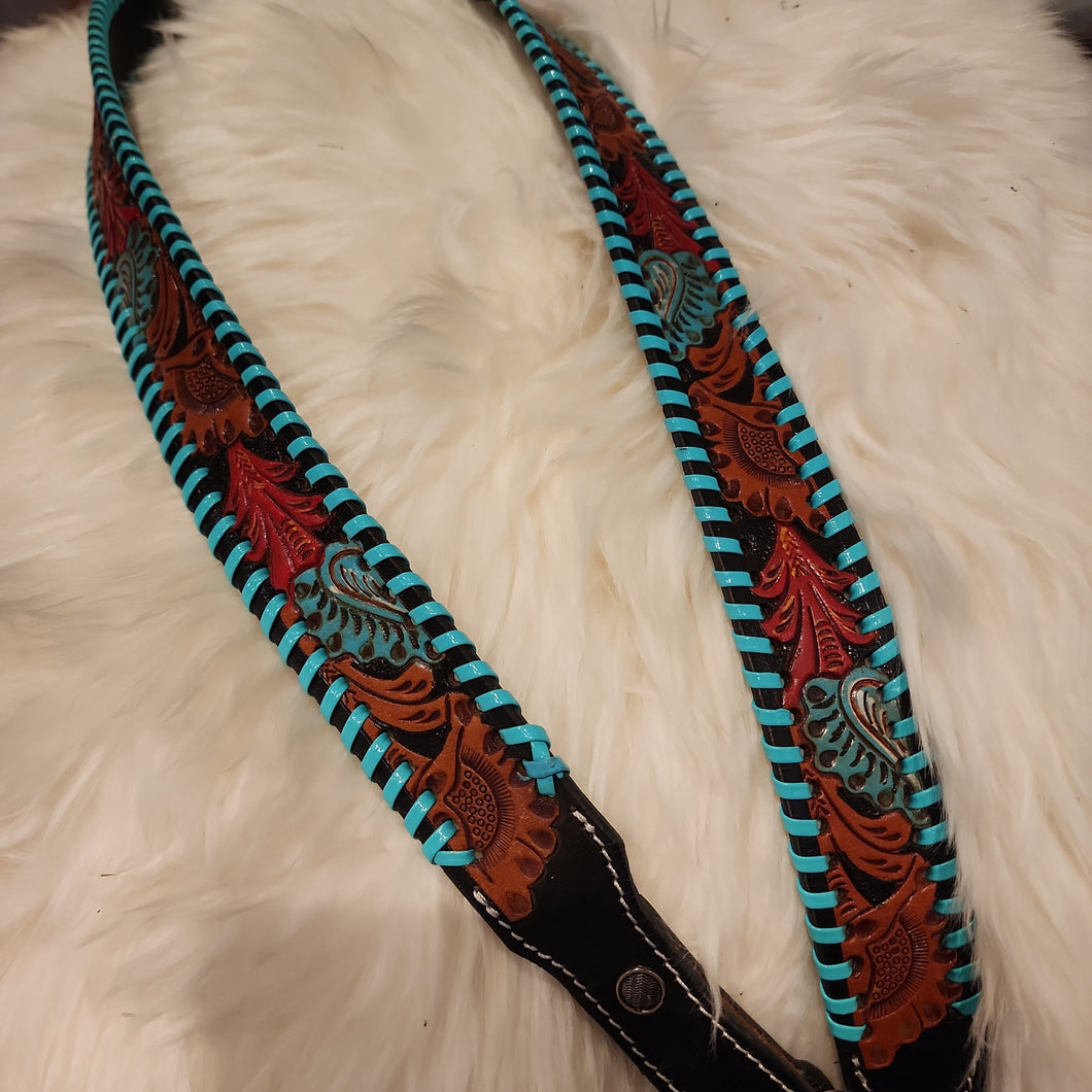 Turquoise Tooled Leather Backstitch Rose Purse Strap