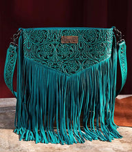 Load image into Gallery viewer, Wrangler Turquoise Embossed Fringe Crossbody/Shoulder Bag
