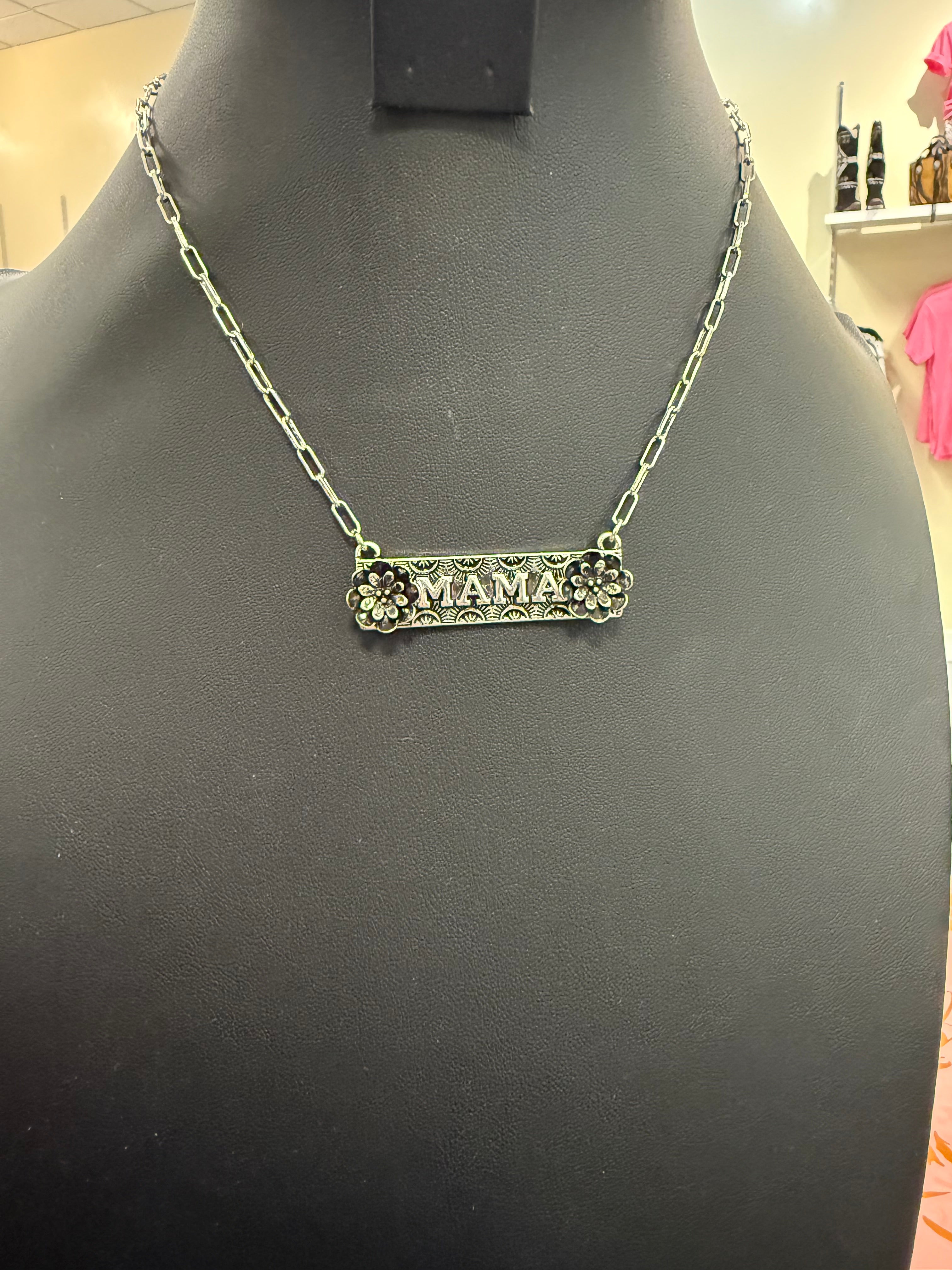 Silver Stamped MAMA Bar Necklace