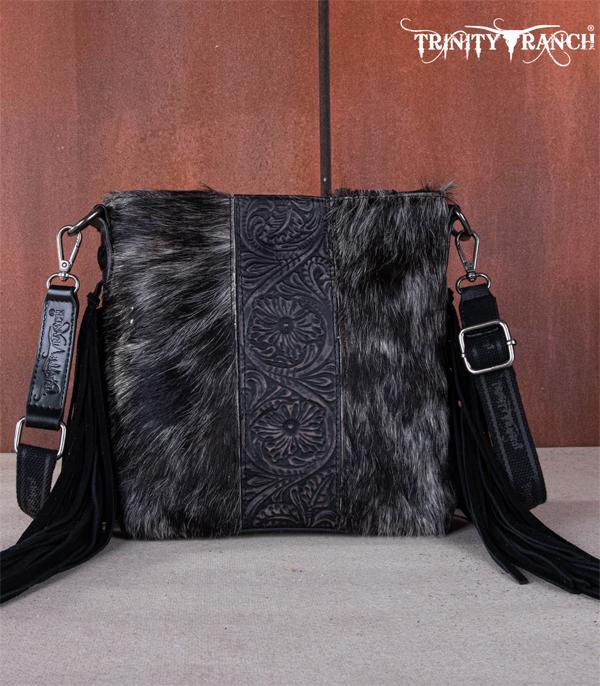Trinity Ranch Black Cowhide Embossed Fringe Crossbody