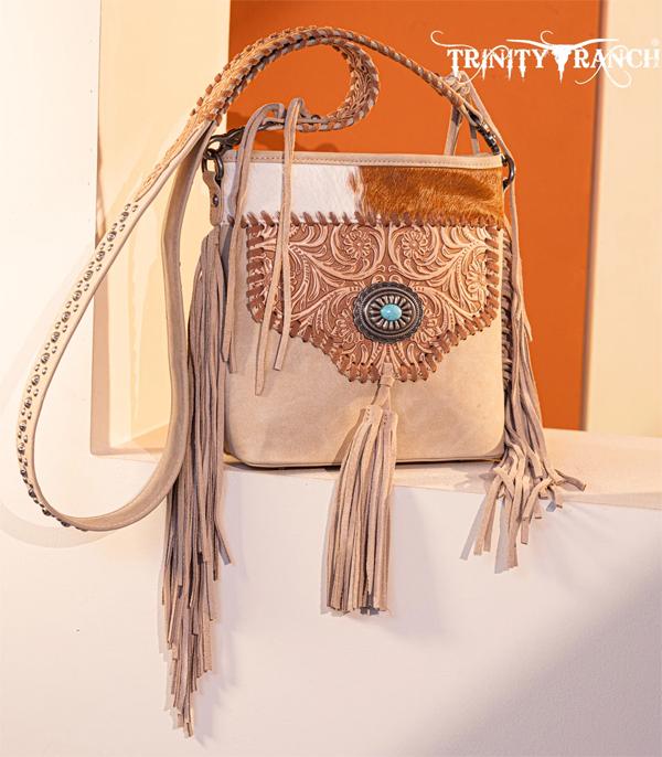Trinity Ranch Khaki Embossed Concho Fringe Crossbody