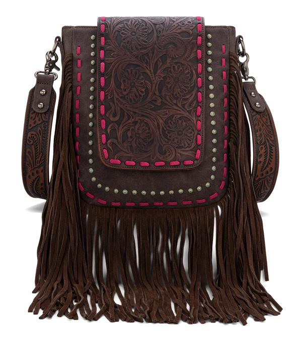 Trinity Ranch Chocolate Embossed Fringe Crossbody Purse