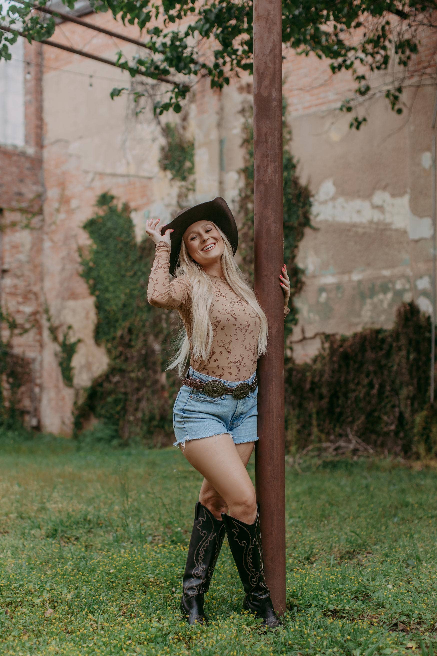 Branded Longhorn Velvet Mesh Top