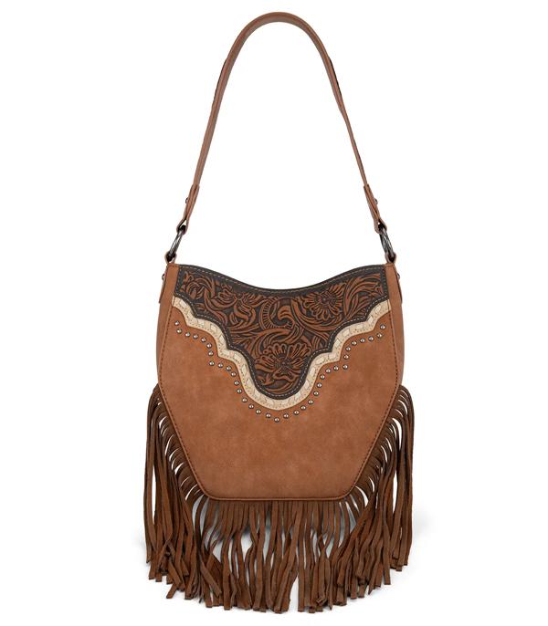 Montana West Brown Embossed Fringe Shoulder Bag