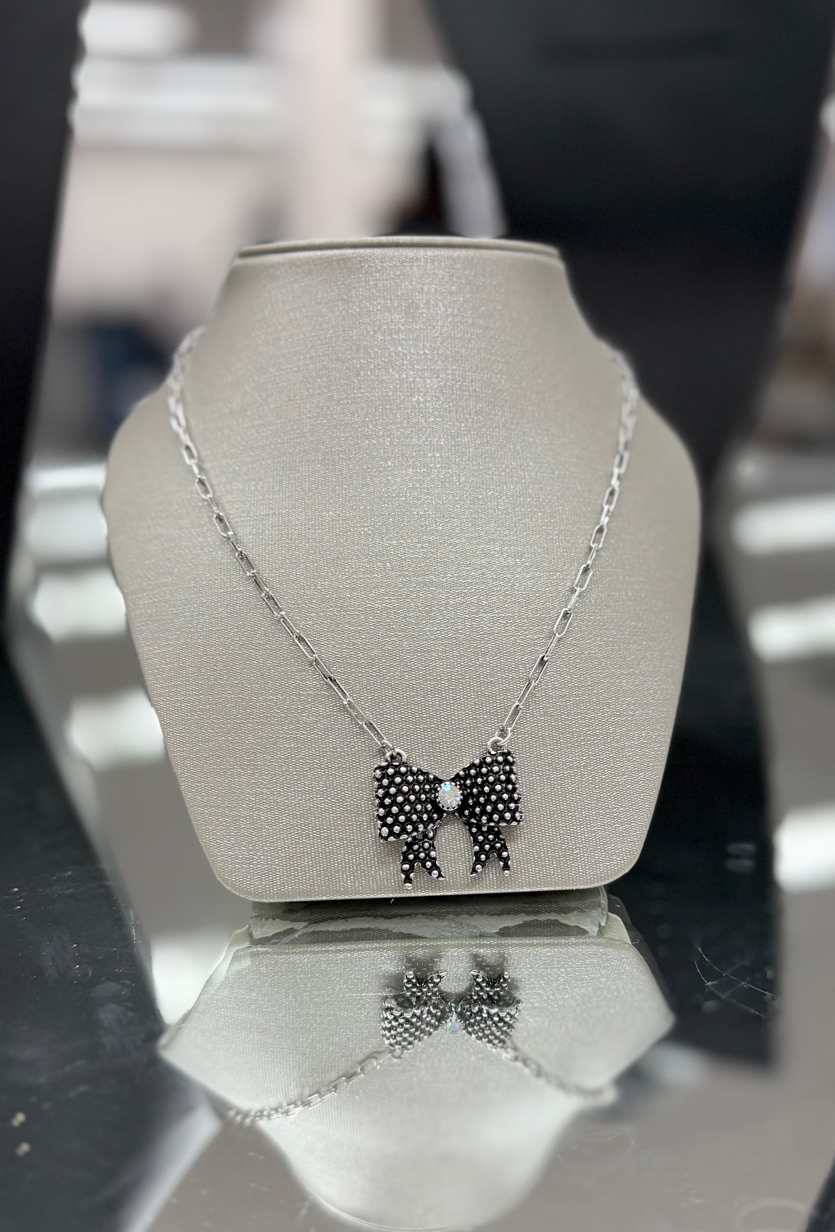 Crystal Studded Ribbon Pendant Necklace