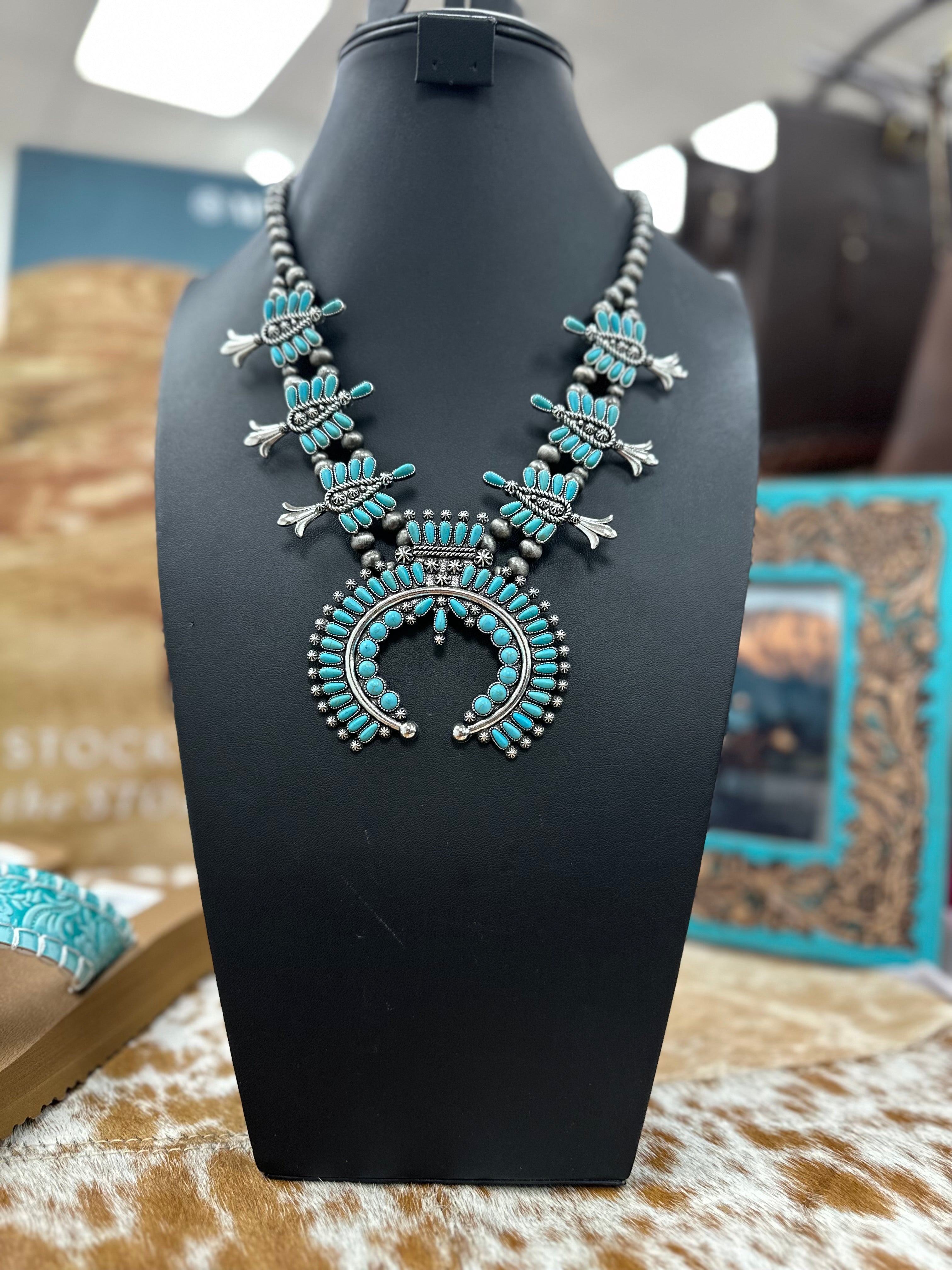 Turquoise Needlepoint Cluster Necklace and Earrings Set