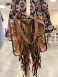 Turquoise Hand Tooled Fringe Tote Crossbody