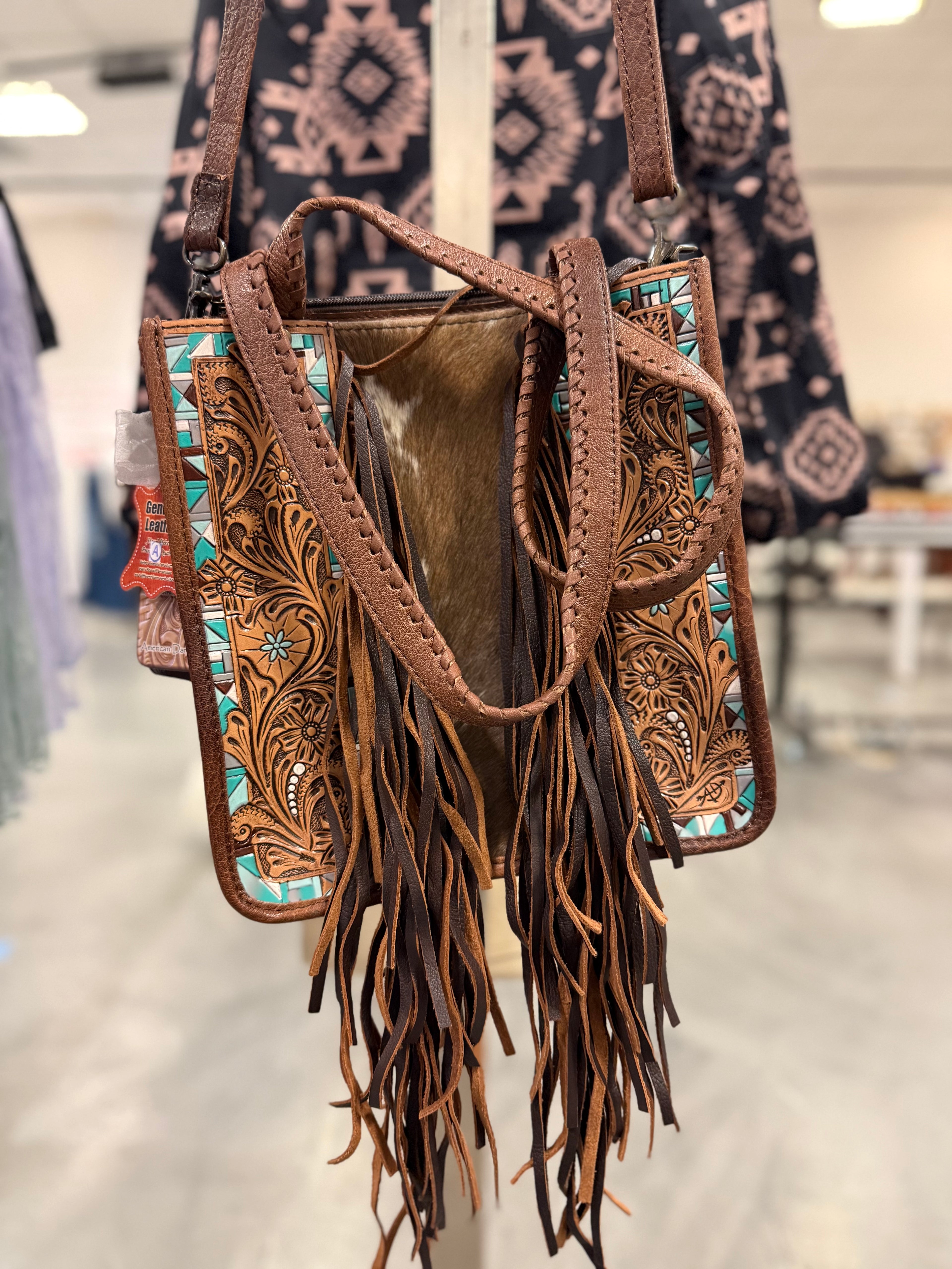 Turquoise Hand Tooled Fringe Tote Crossbody
