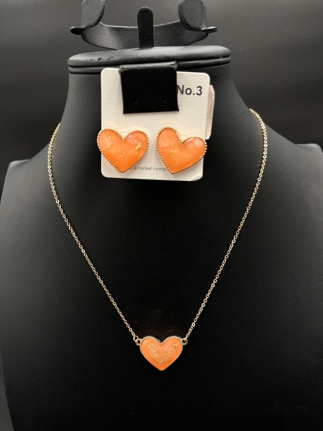 Peach Crackle Heart Necklace and Heart Post Earrings Set