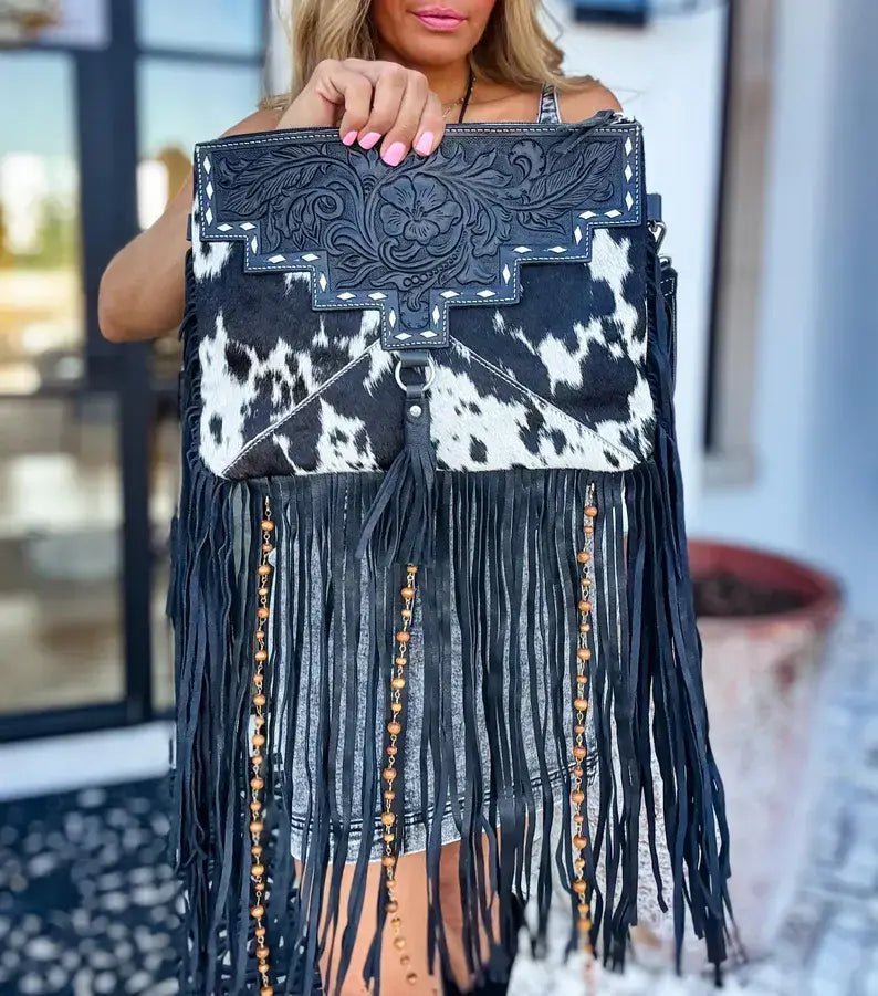 Dixie Cowhide Tooled Leather Fringe Crossbody