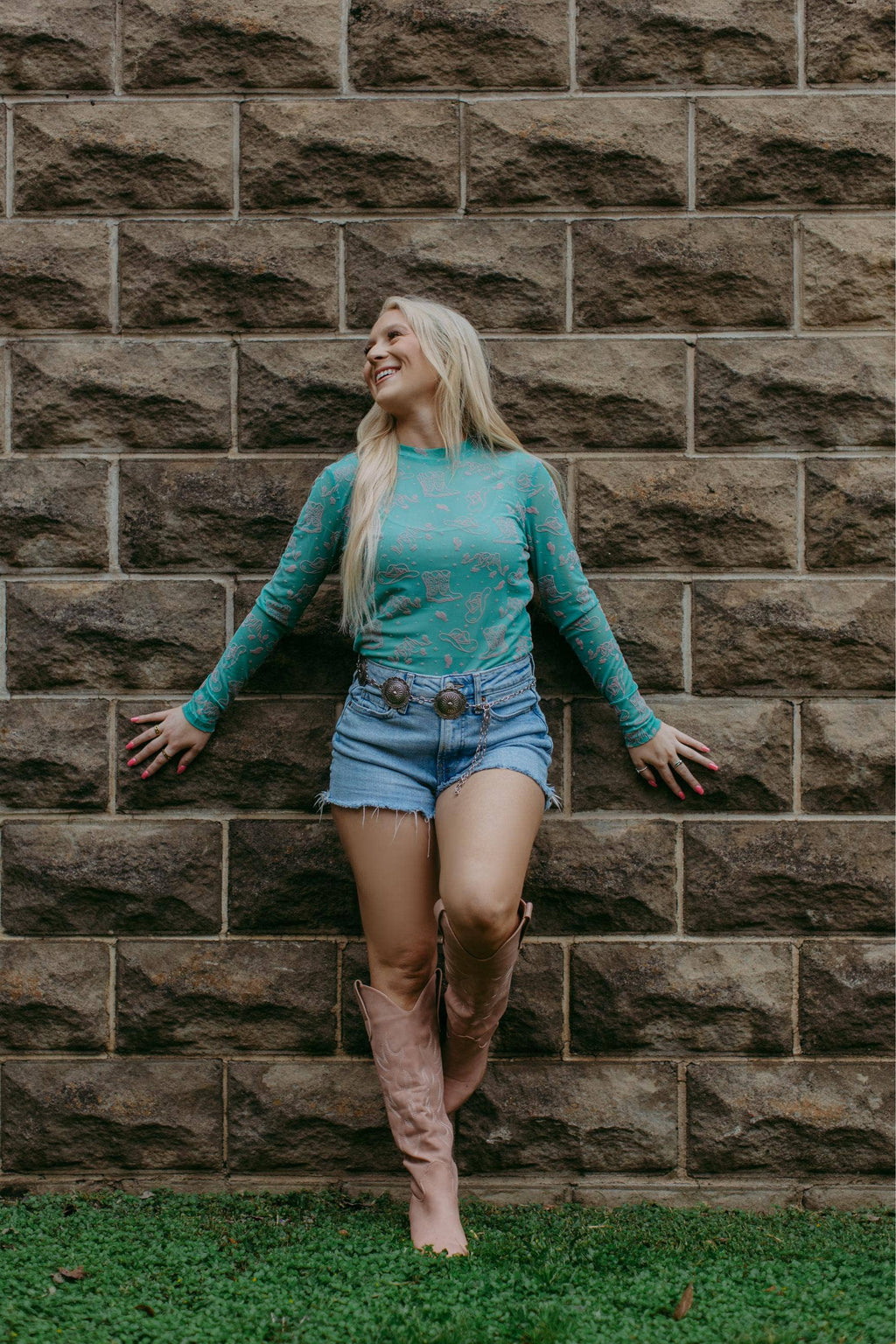 Turquoise Western Velvet Mesh Top