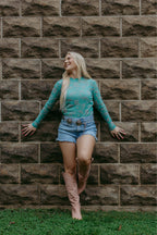 Turquoise Western Velvet Mesh Top