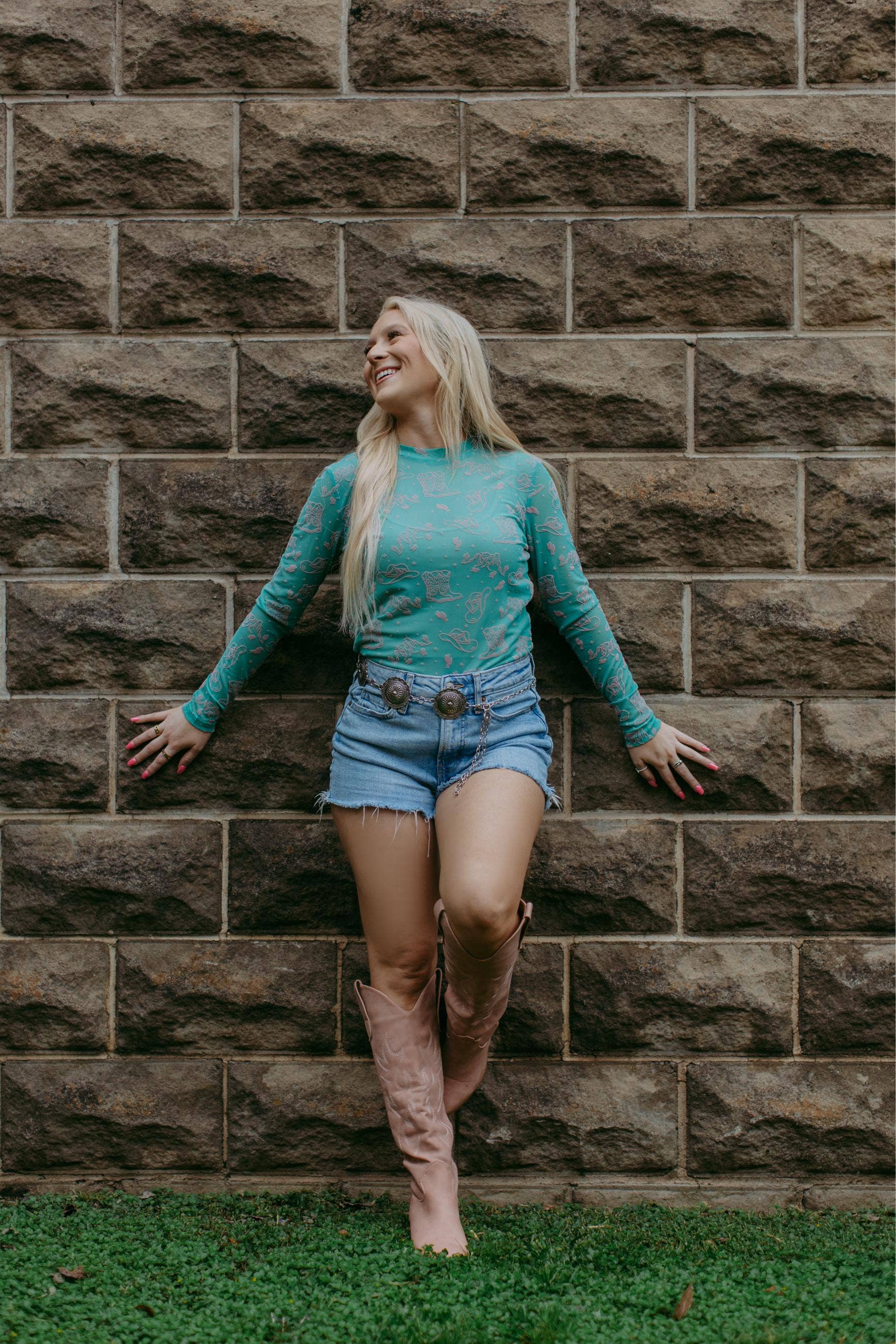 Turquoise Western Velvet Mesh Top