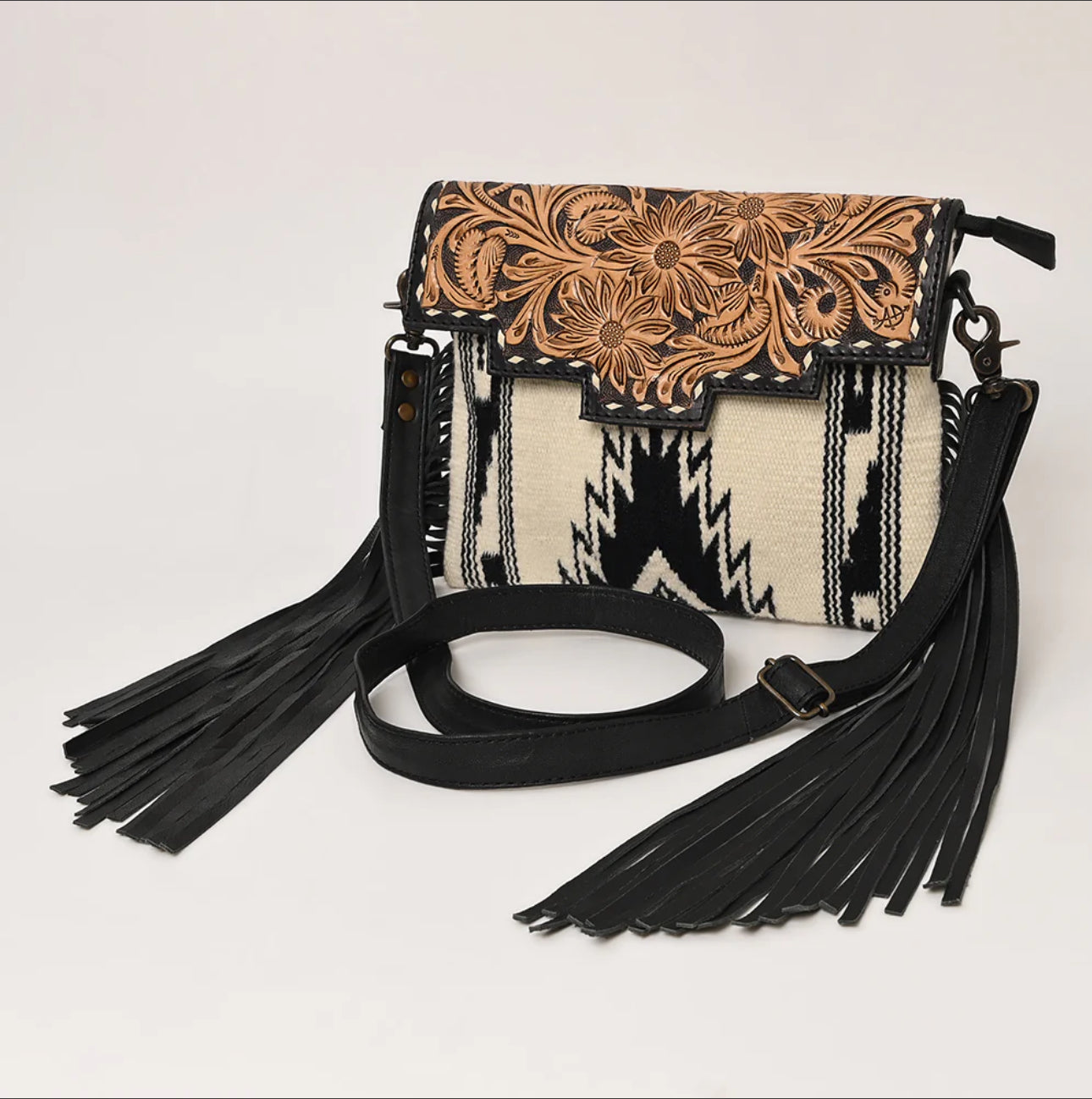 Black Tooled Southwestern Fringe Crossbody