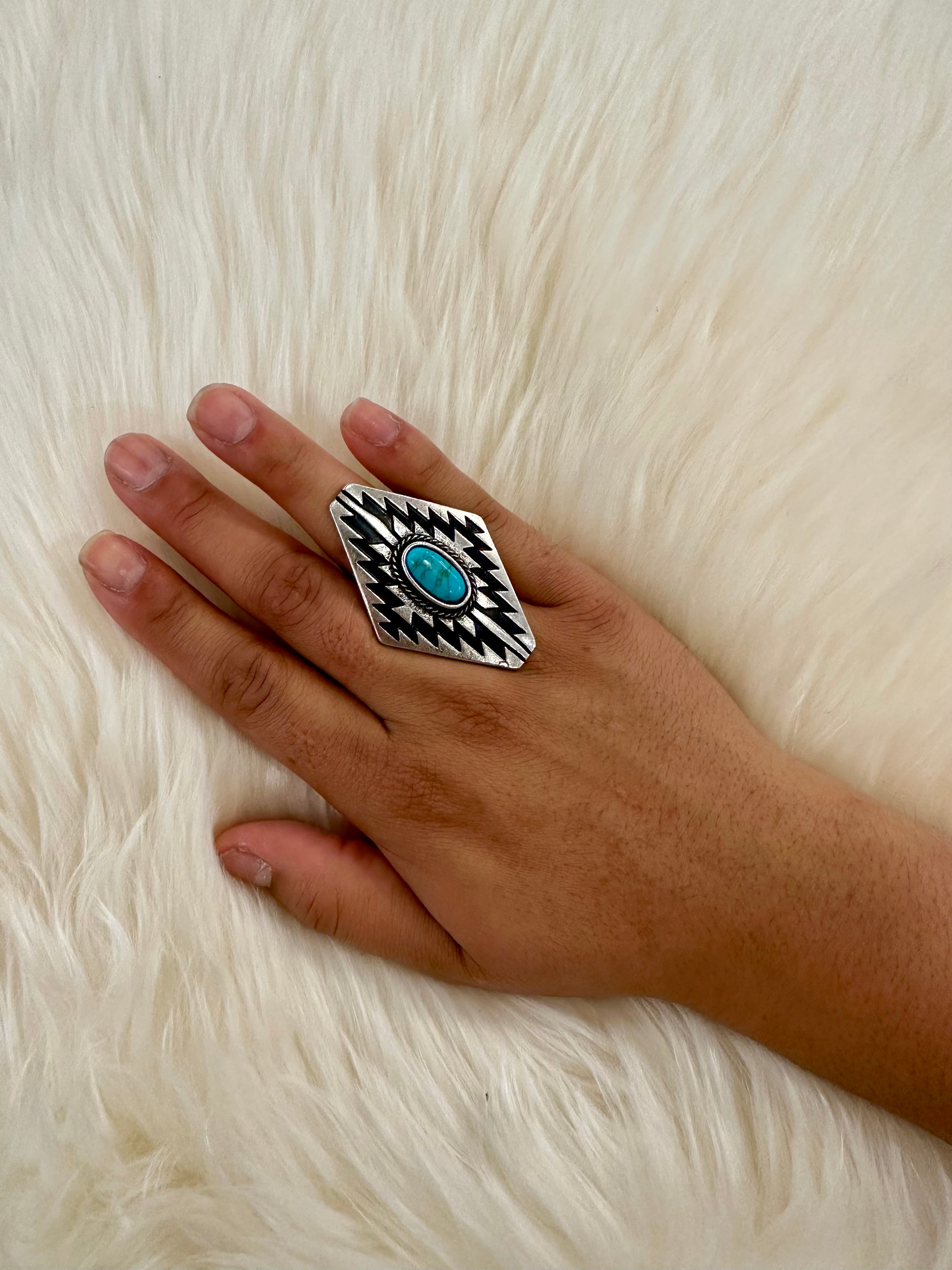 Turquoise Diamond Stamped Cuff Ring