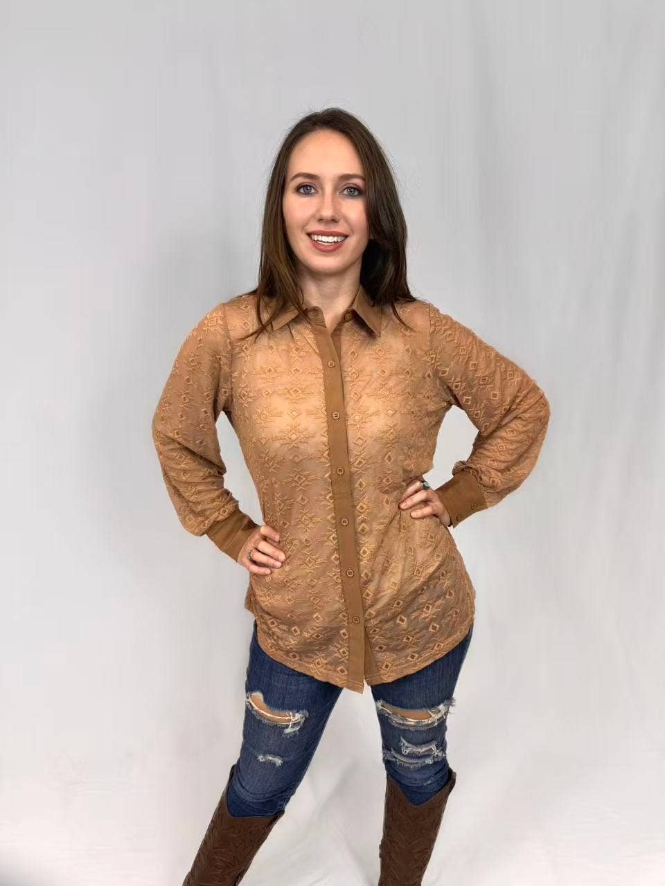 Brown Aztec Lace Button Up Top