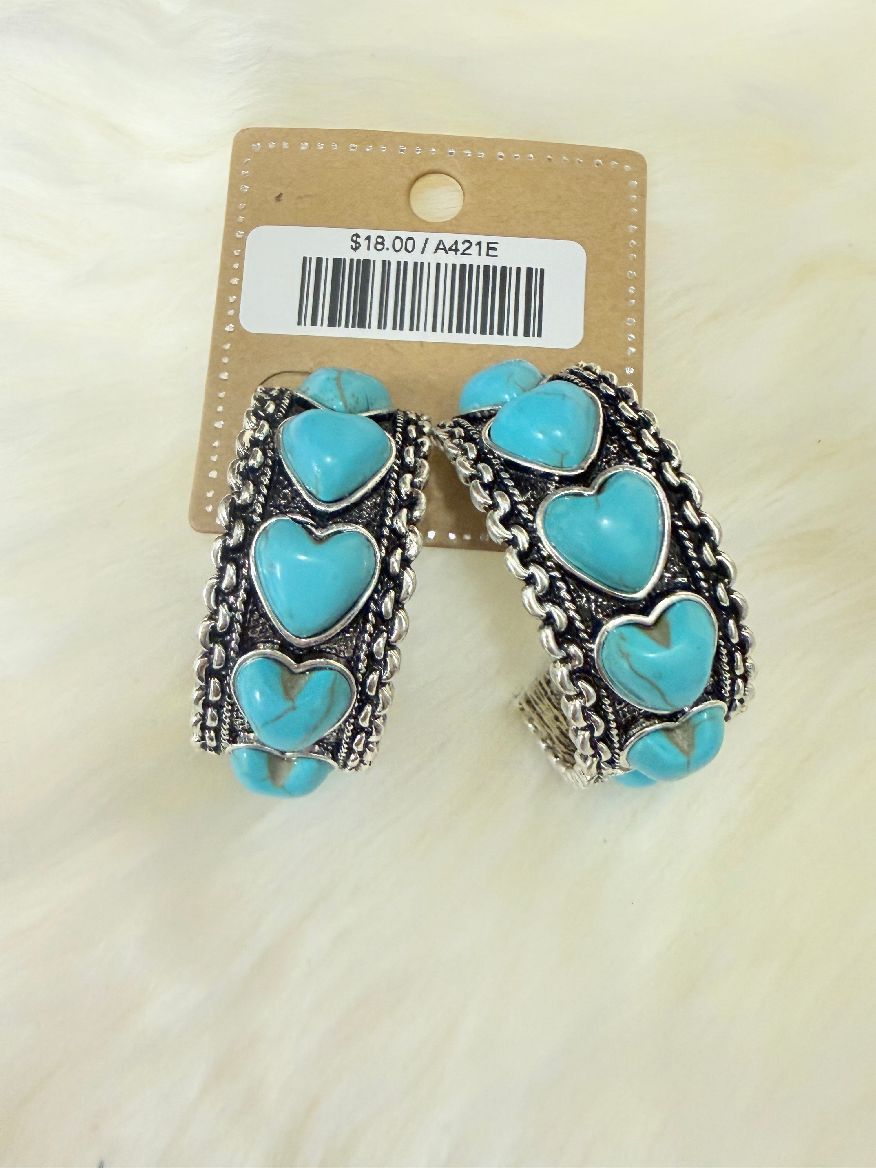 Turquoise Heart Stack Hoop Post Earrings