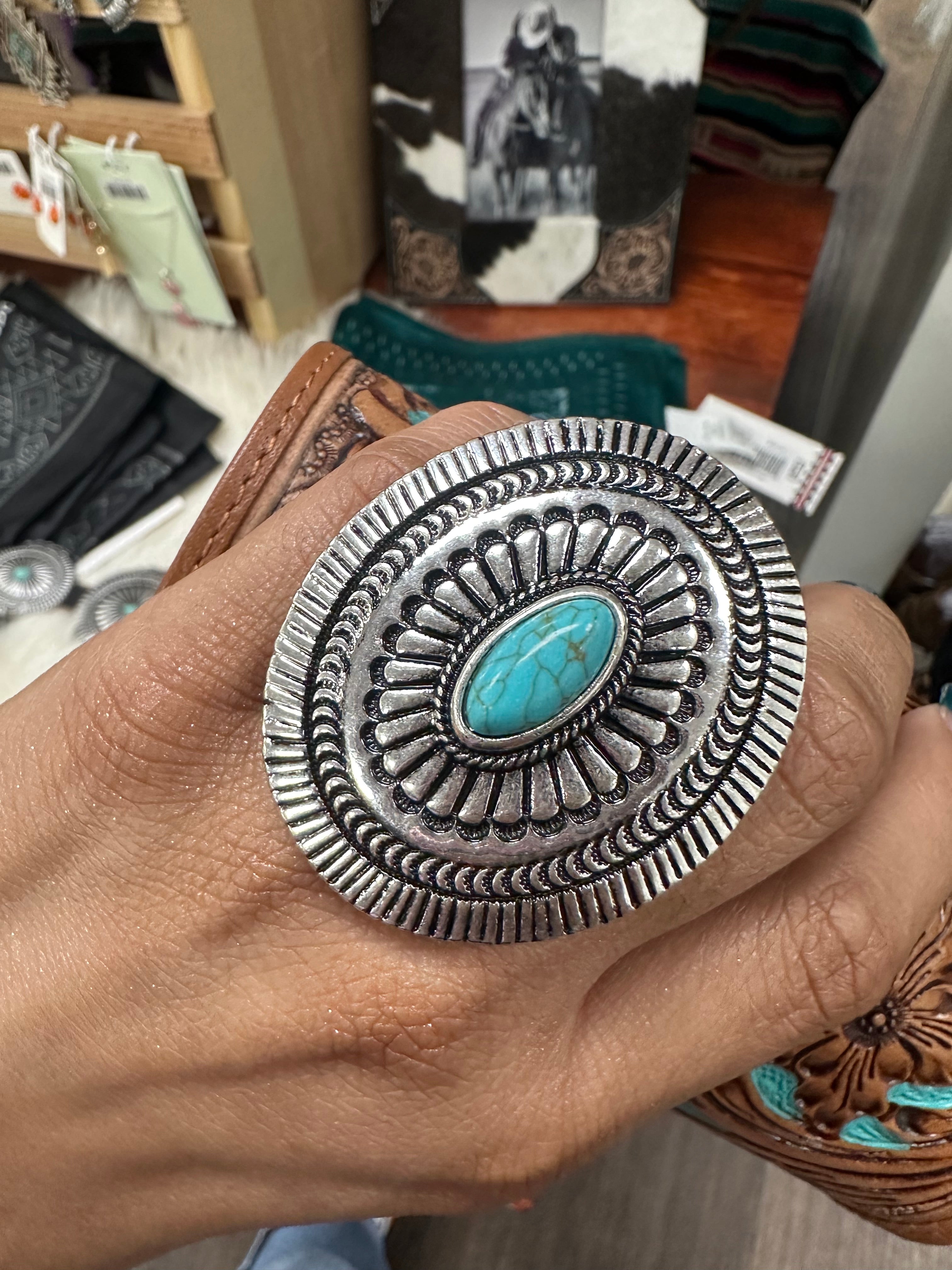 Stamped Turquoise Concho Cuff Ring