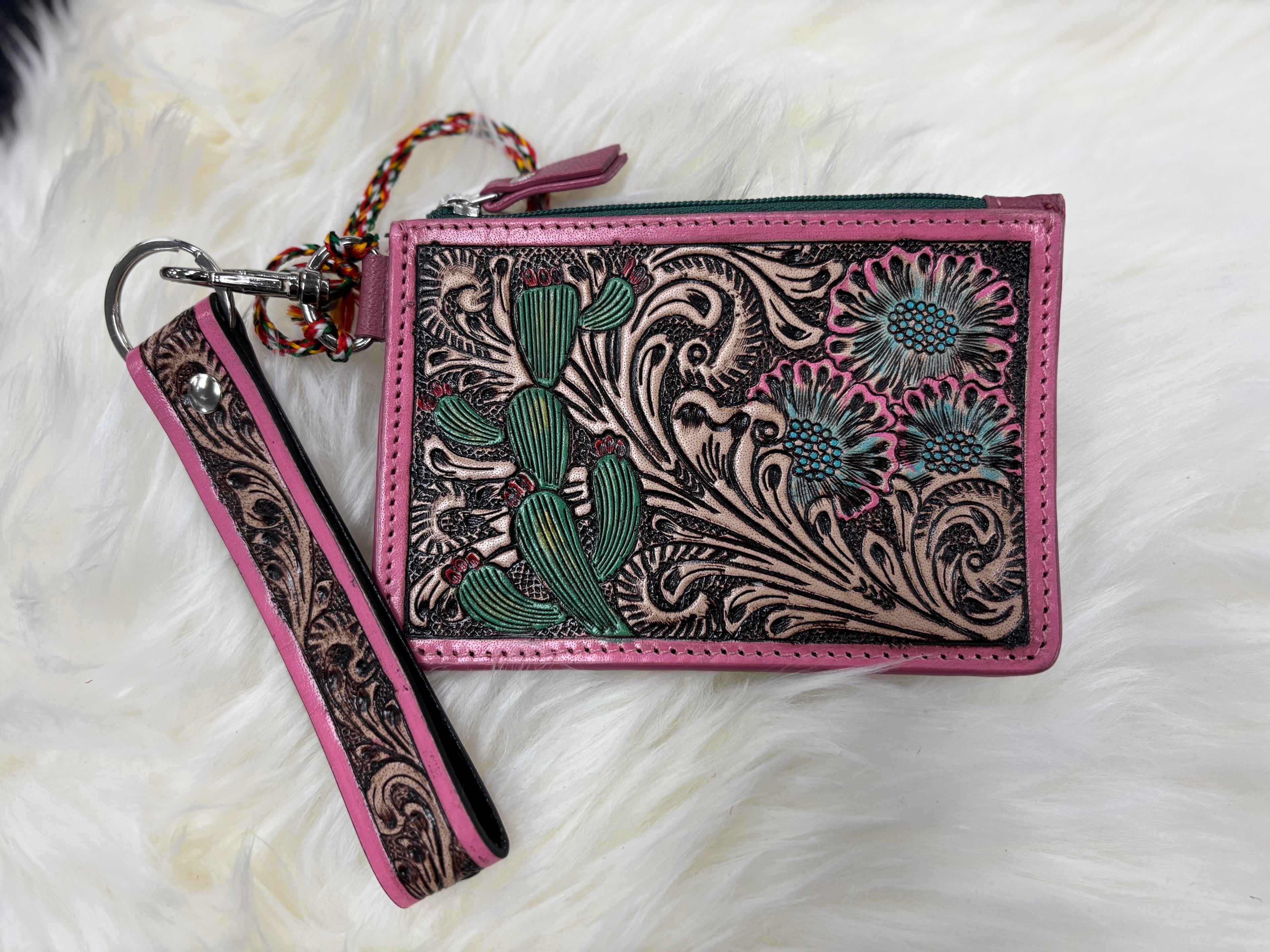 Pink Hand Tooled Wristlet Card Holder