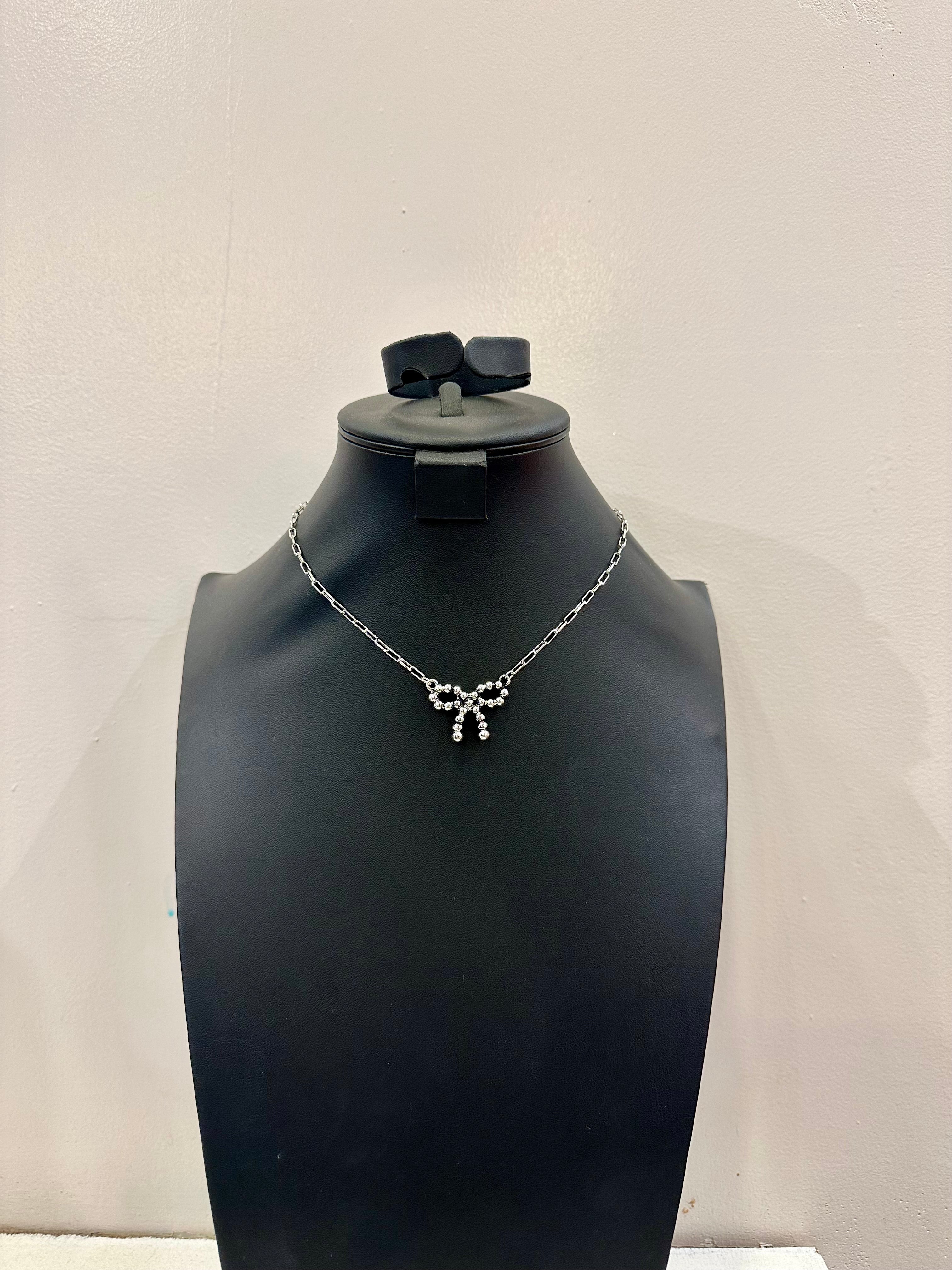 Silver Bead Ribbon Necklace