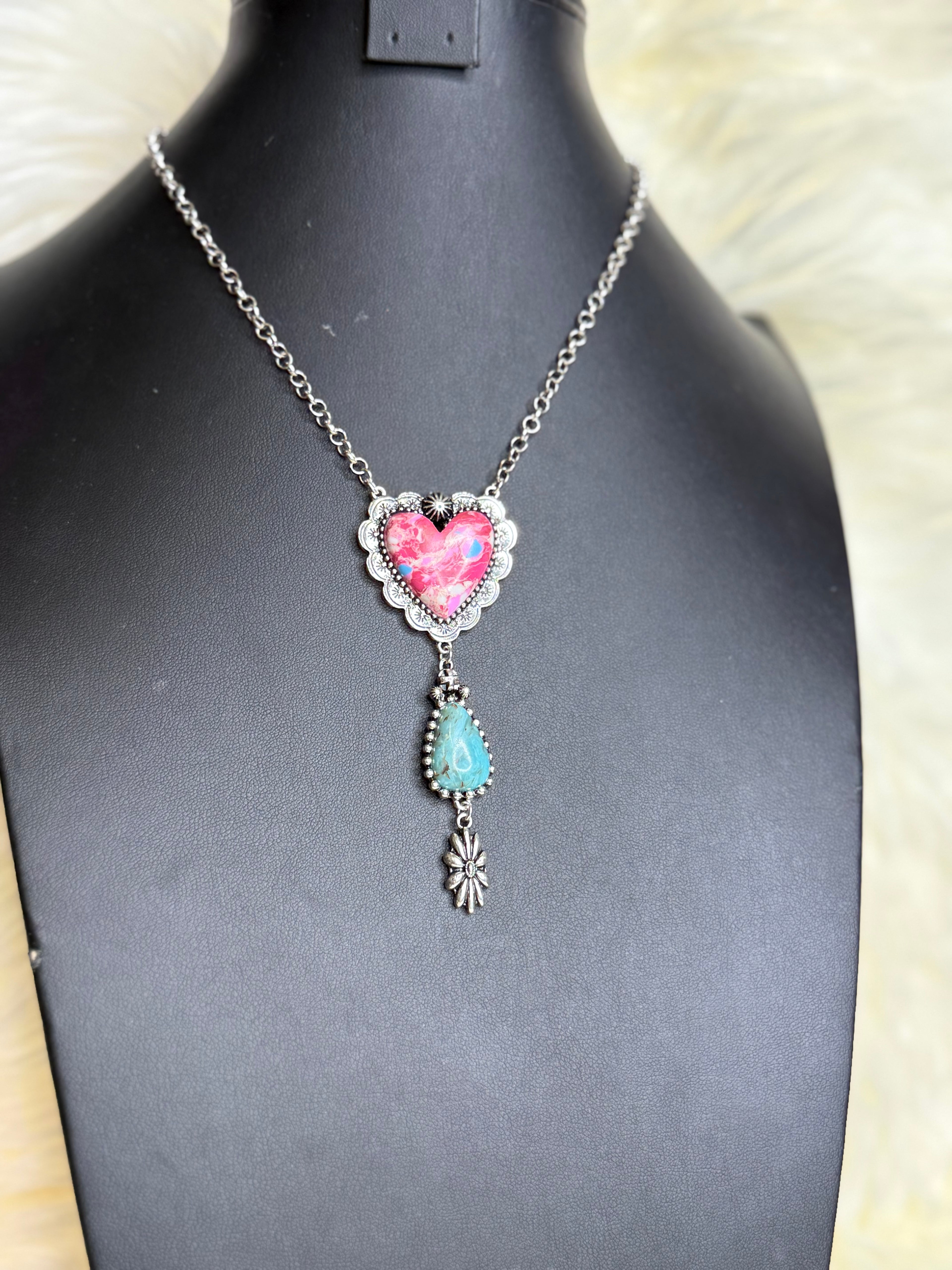 Pink/Turquoise Heart Dangle Pendant Necklace