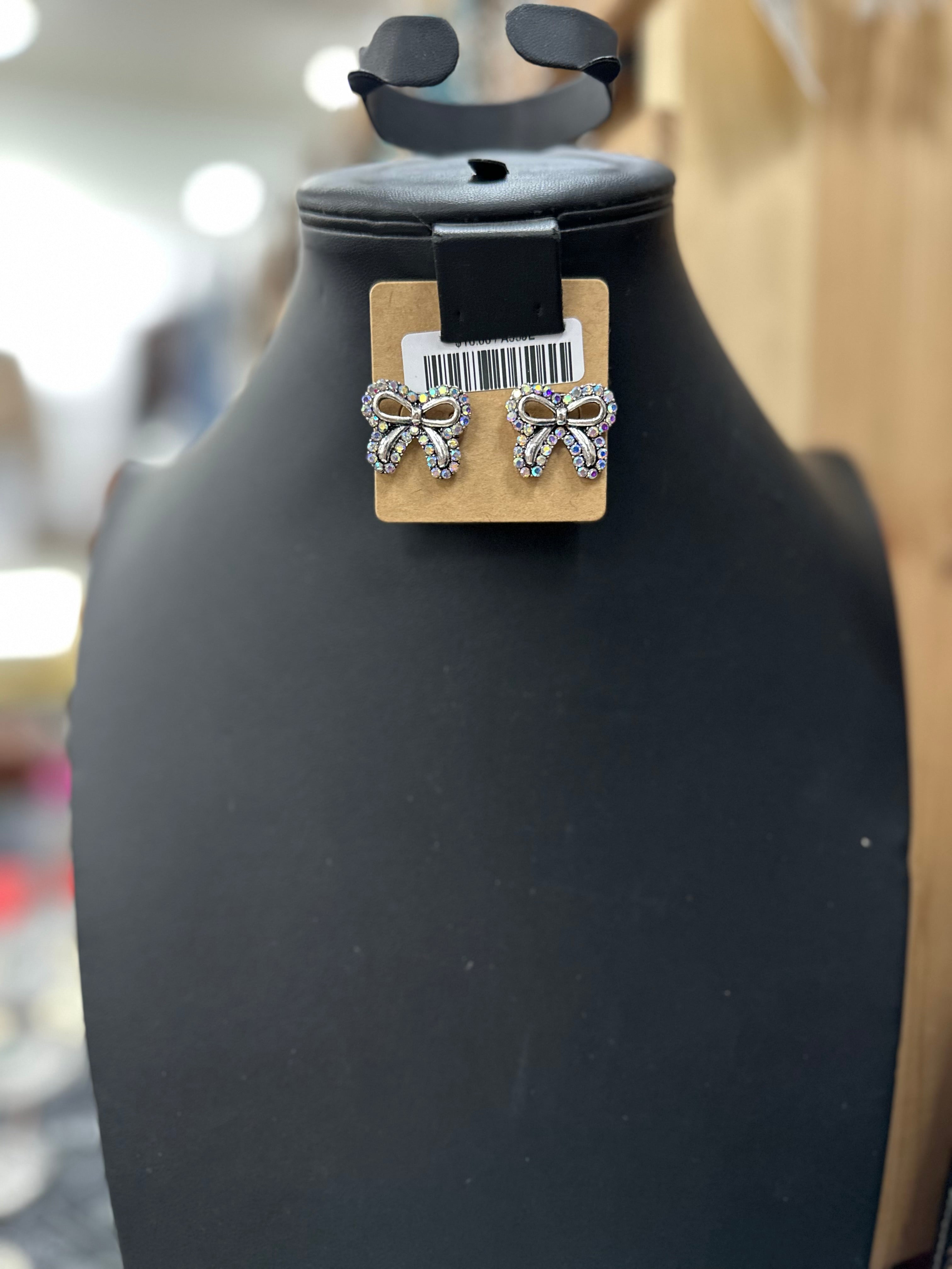 Silver Crystal Ribbon Post Earrings