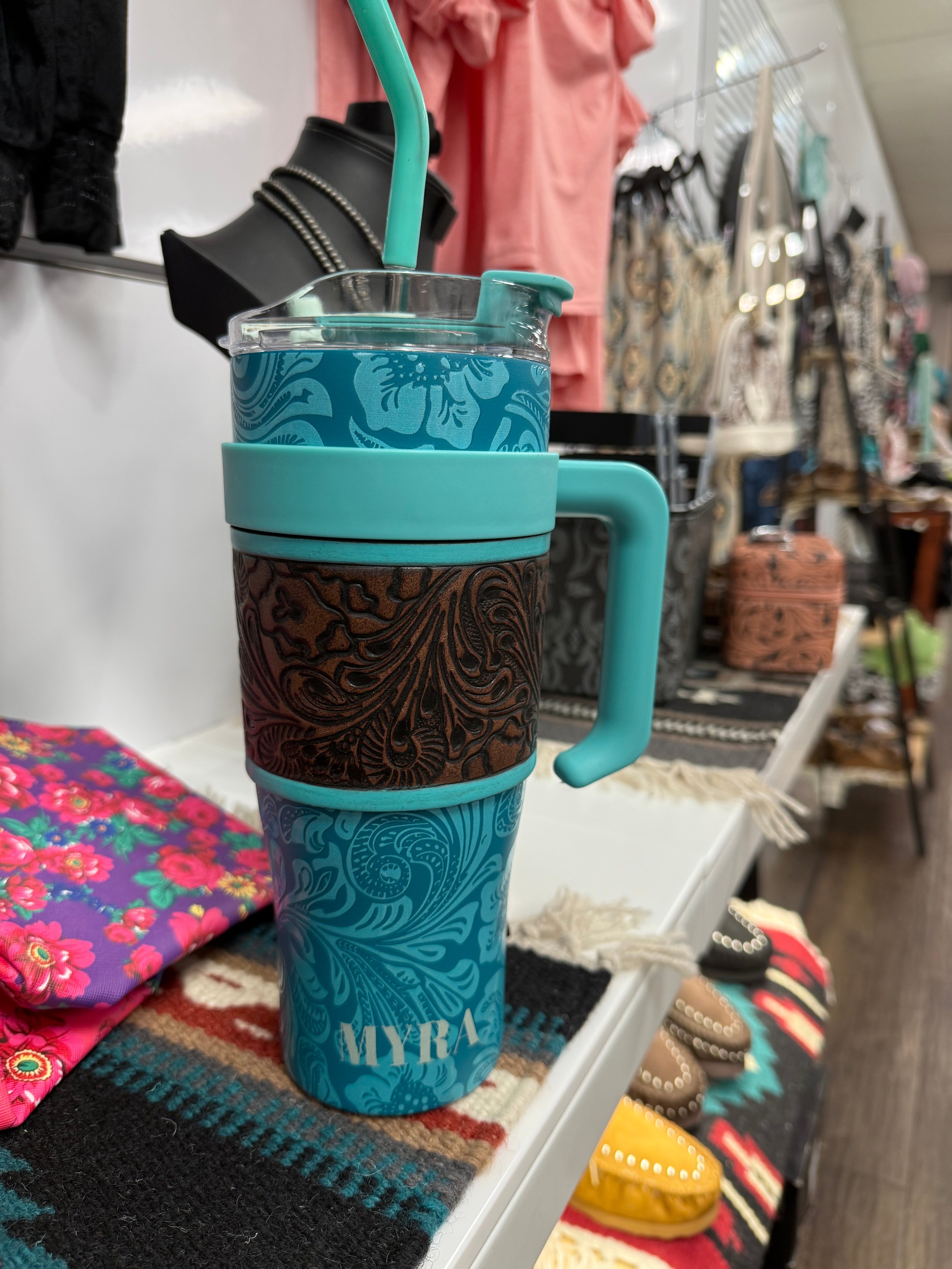 Turquoise Hand Tooled Tumbler