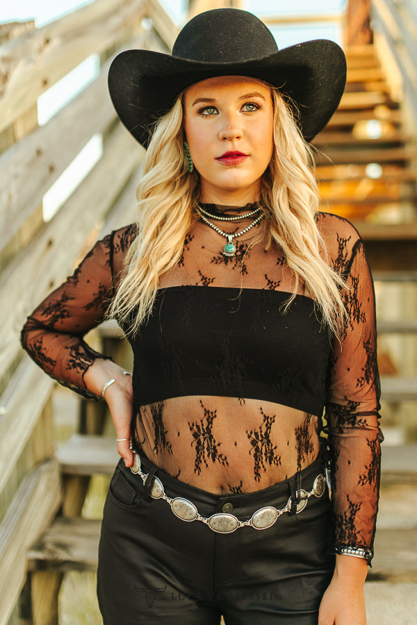 Black Floral Long Sleeve Mesh Top